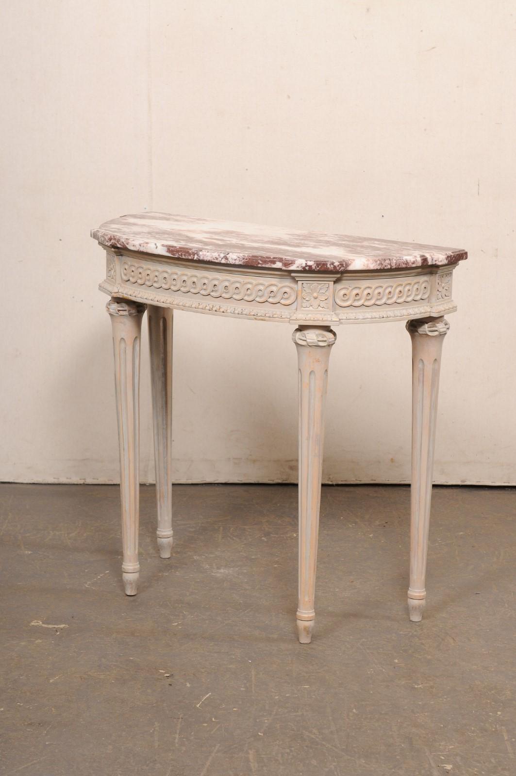 French Carved and Painted wood Console Marble Top, 3 Ft Wide For Sale 4