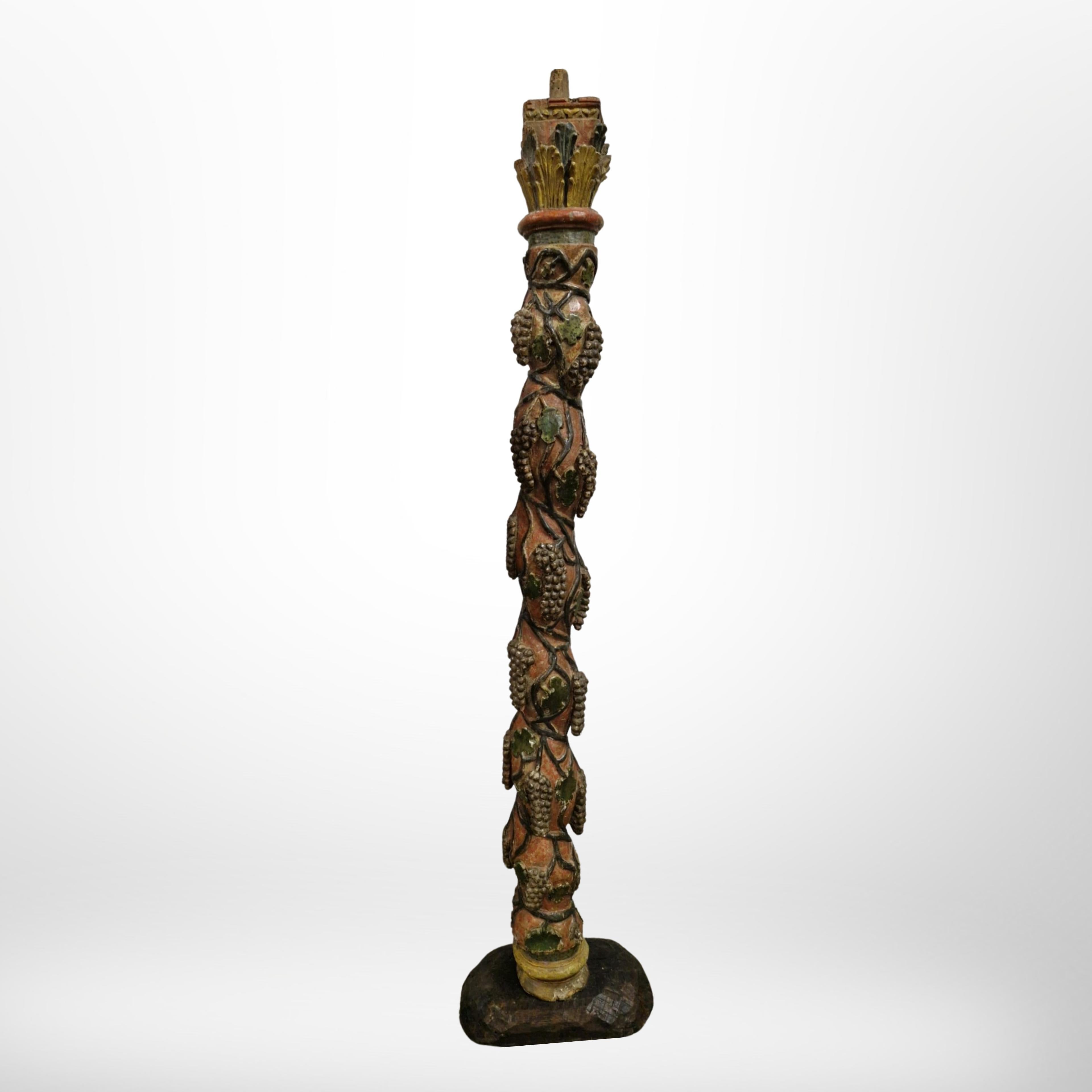 Hand-Carved French carved and polychromed column with grapevine decor, France 18th century For Sale