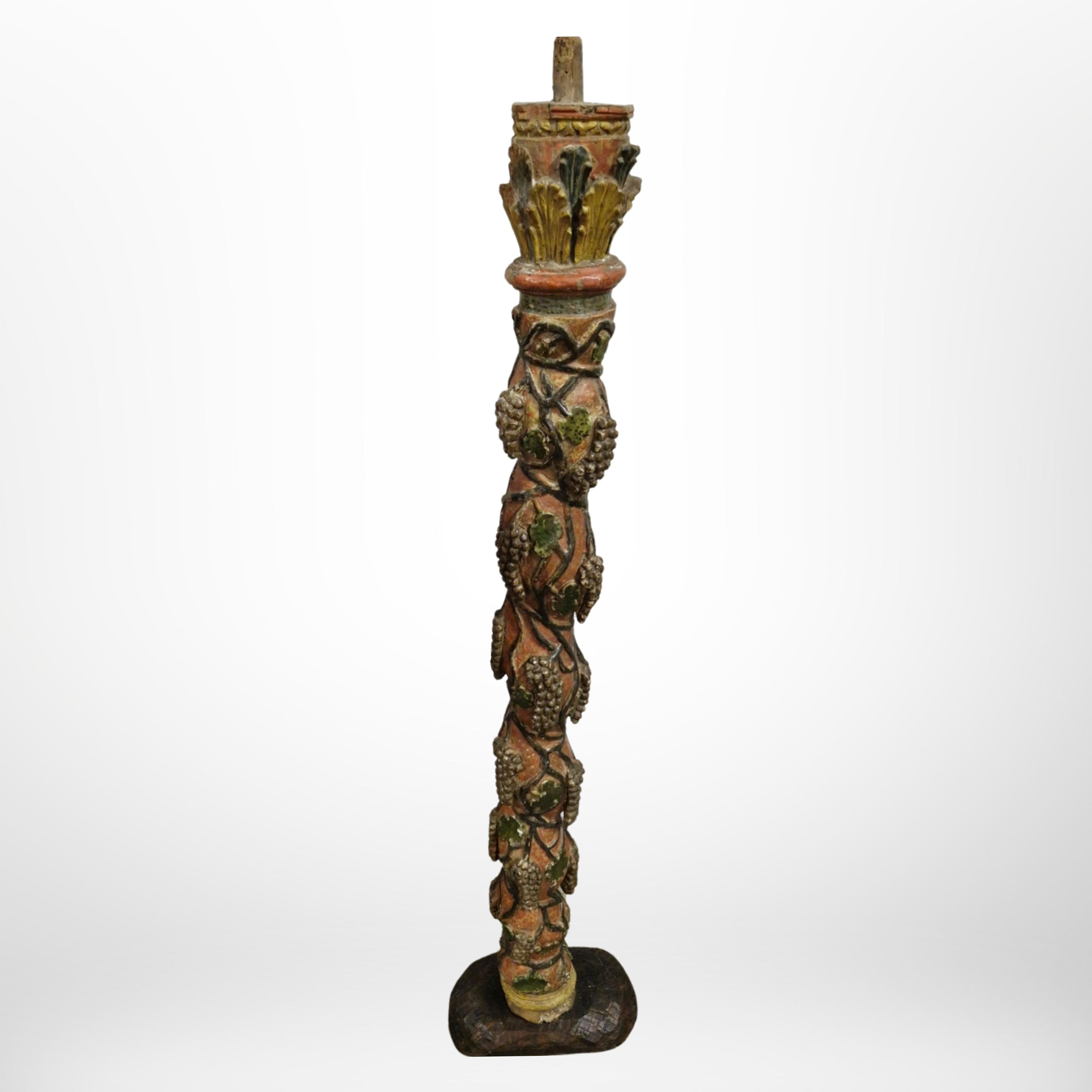 18th Century French carved and polychromed column with grapevine decor, France 18th century For Sale