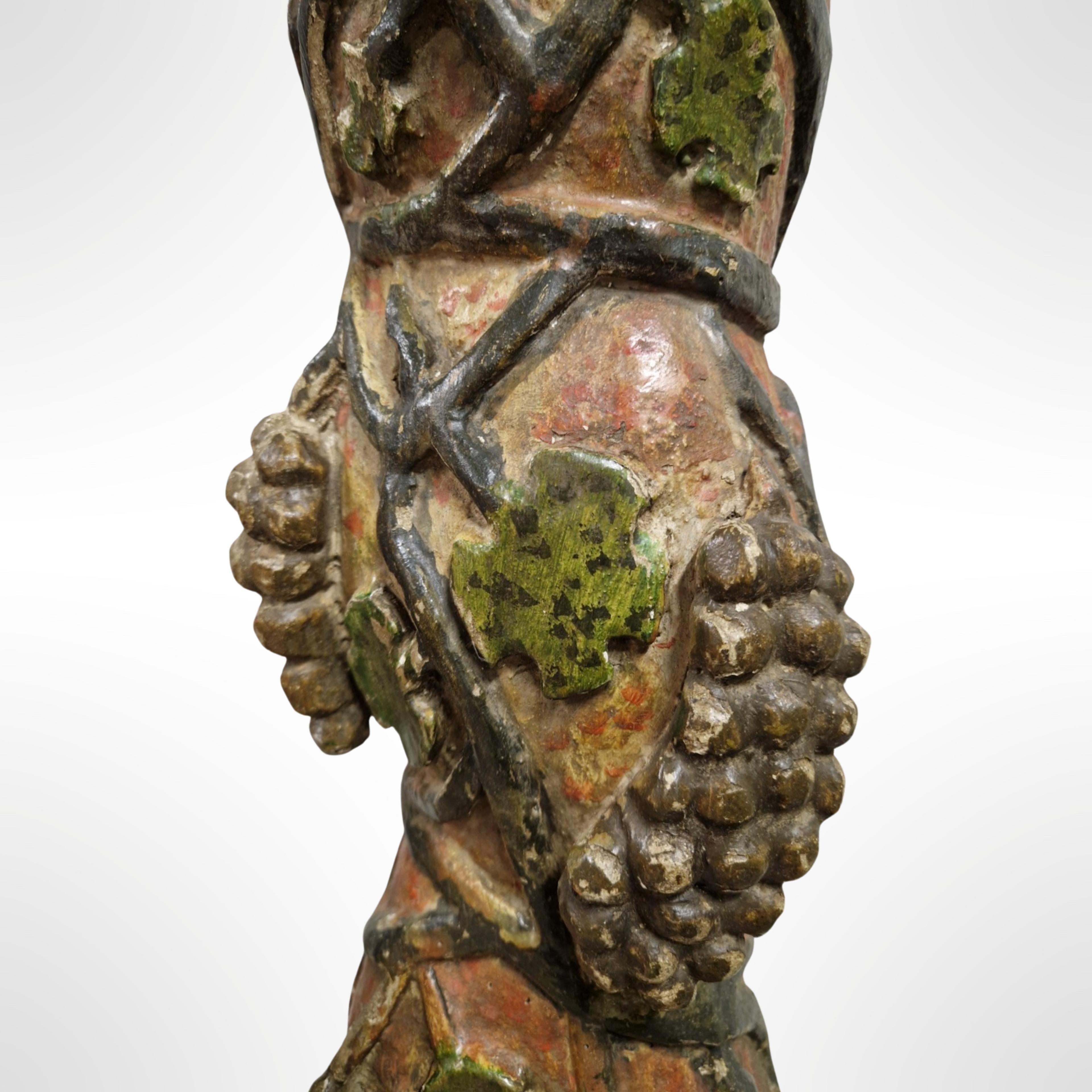 Wood French carved and polychromed column with grapevine decor, France 18th century For Sale