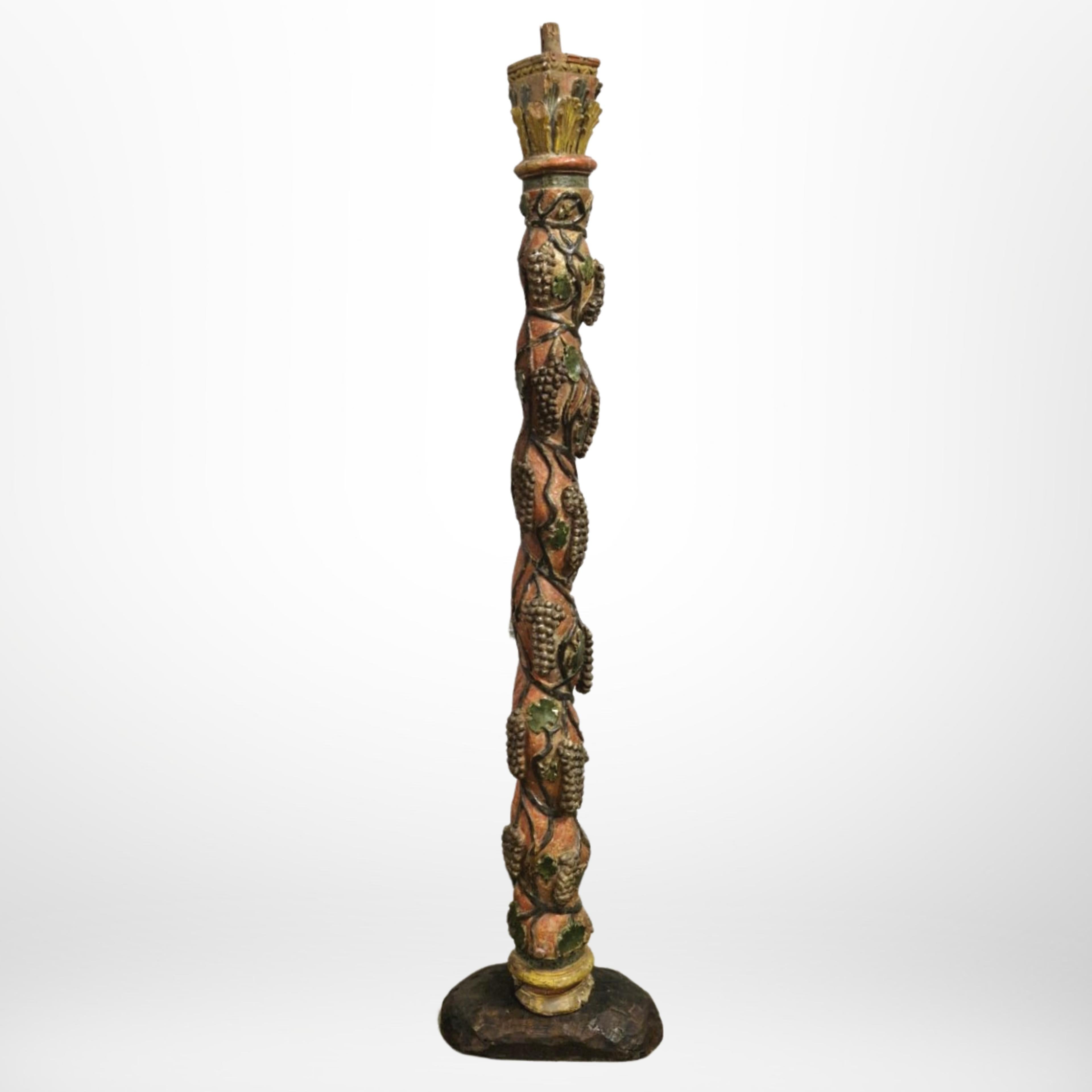 French carved and polychromed column with grapevine decor, France 18th century For Sale 1