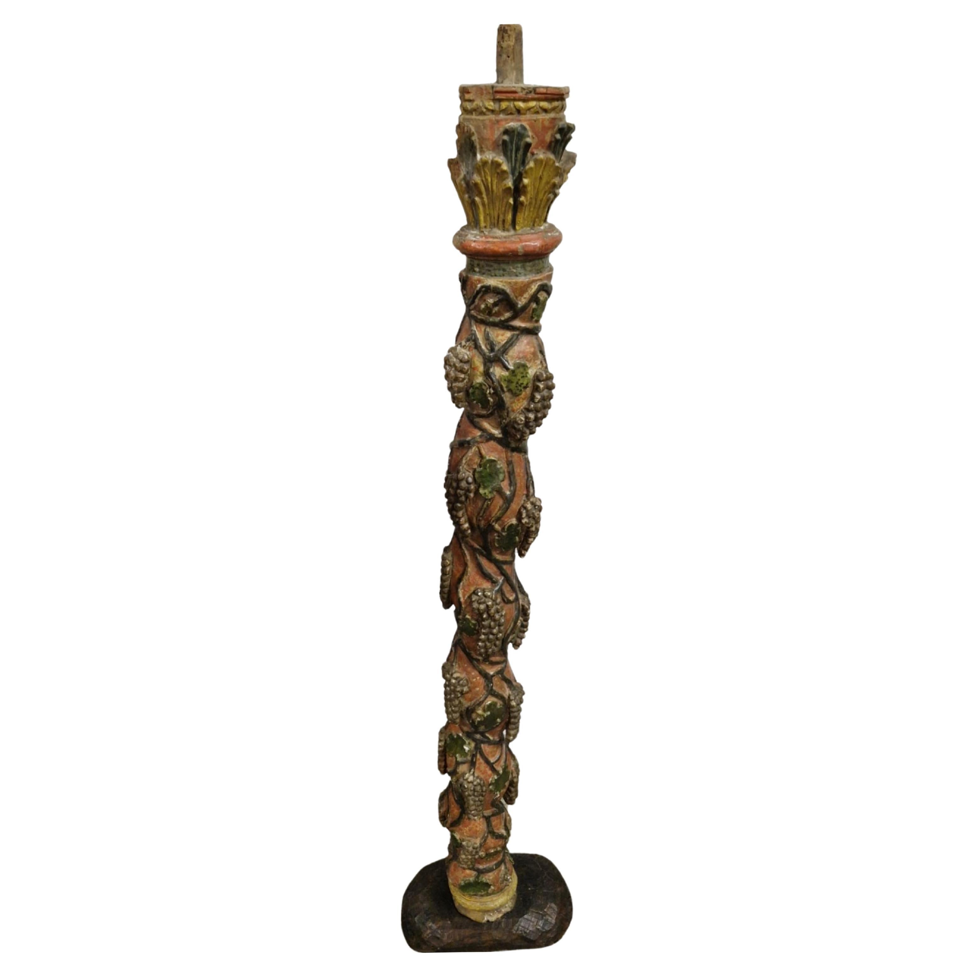 French carved and polychromed column with grapevine decor, France 18th century For Sale
