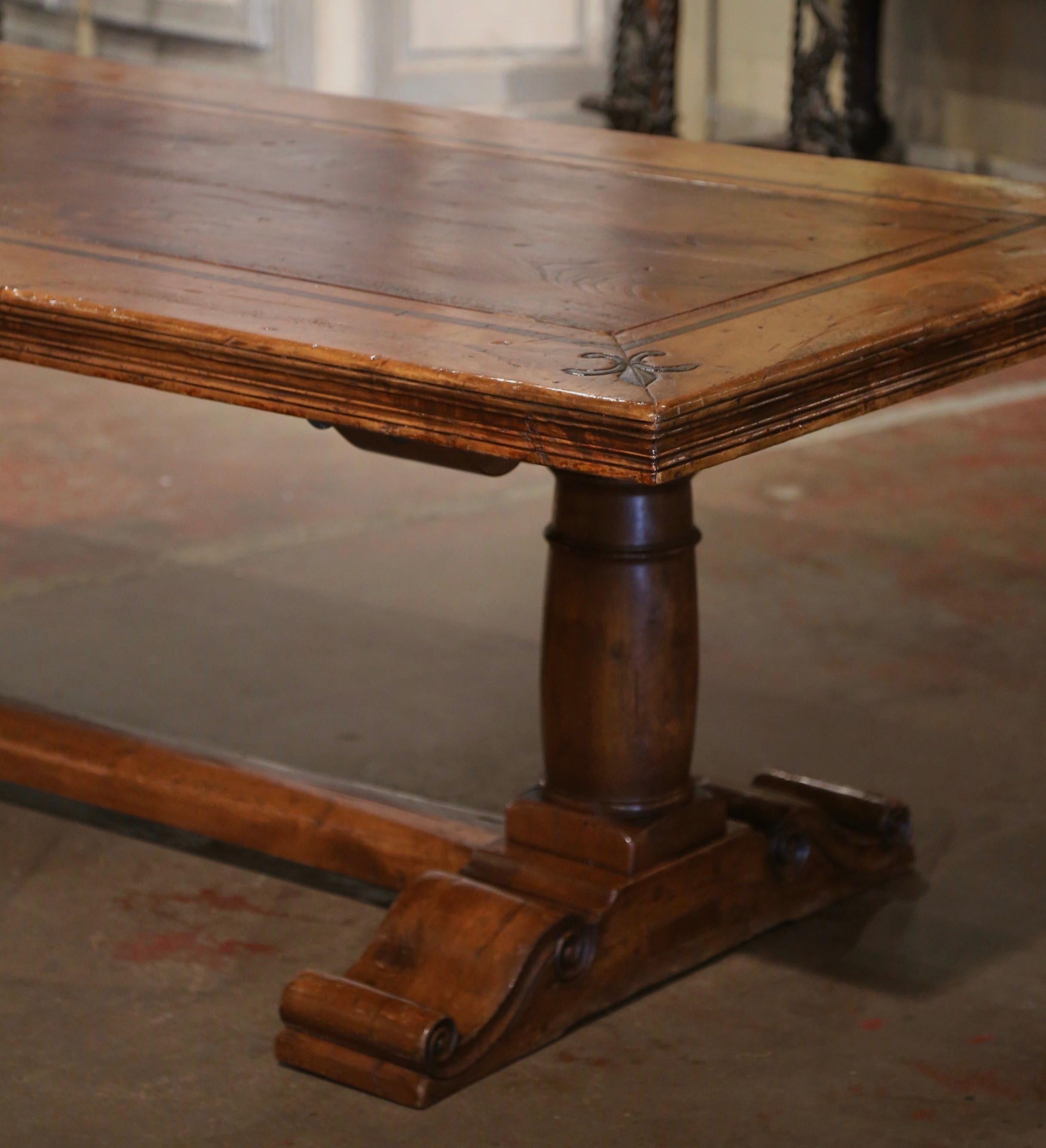Louis XIII  French Carved Antique Walnut & Elm Trestle Dining Table with Fleur de Lys Decor For Sale