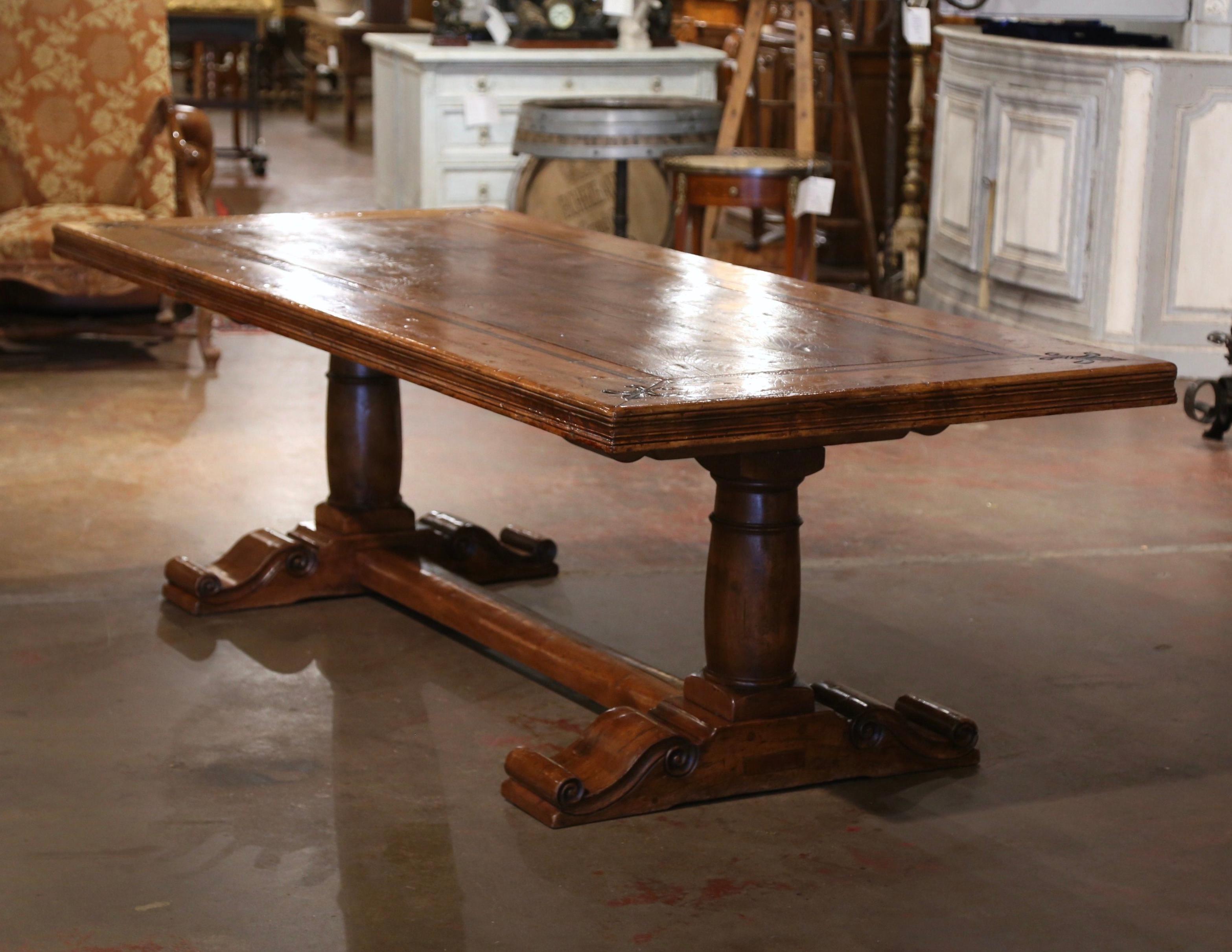  French Carved Antique Walnut & Elm Trestle Dining Table with Fleur de Lys Decor For Sale 2