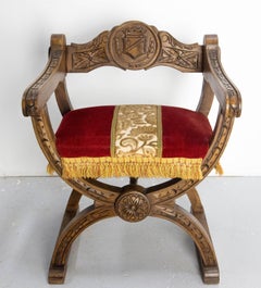 French Carved Beech & Upholstery Curule or Dagobert Armchair, circa 1960