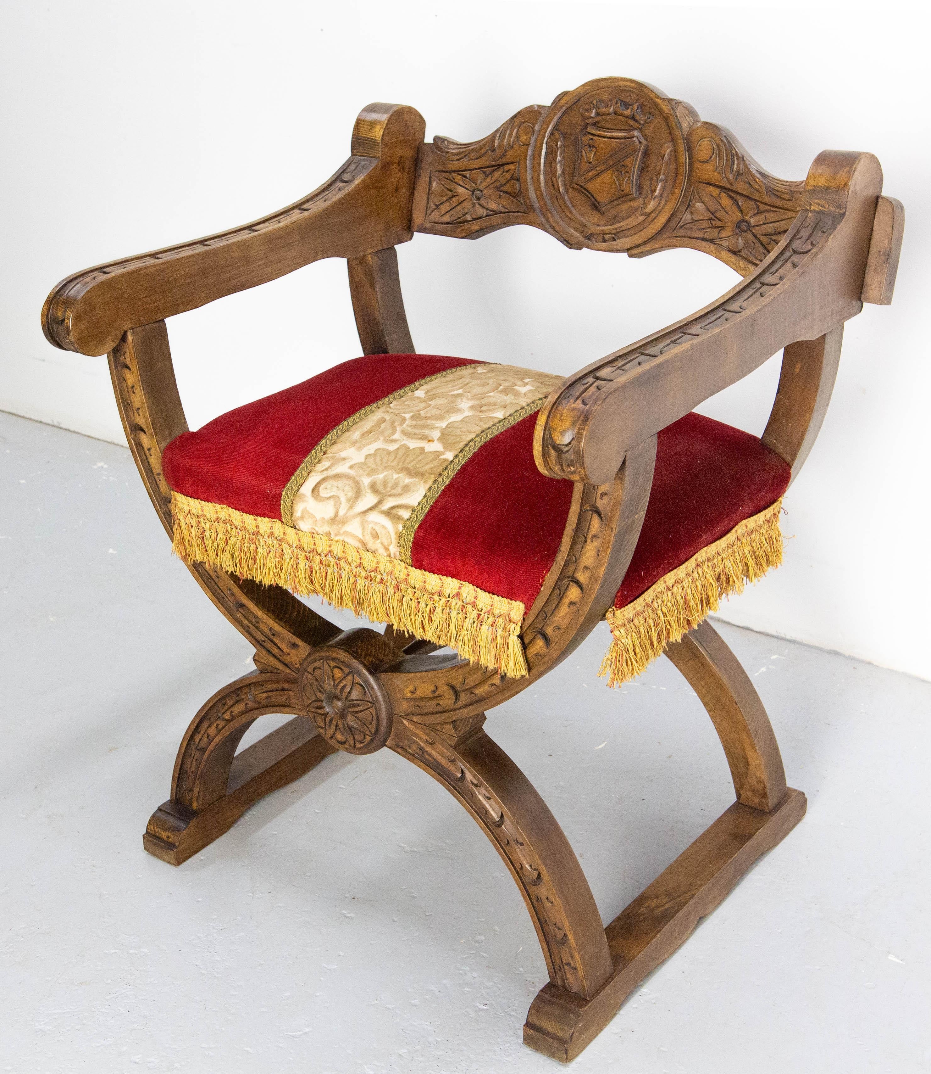 French Carved Beech & Upholstery Curule or Dagobert Armchair, circa 1960 In Good Condition For Sale In Labrit, Landes