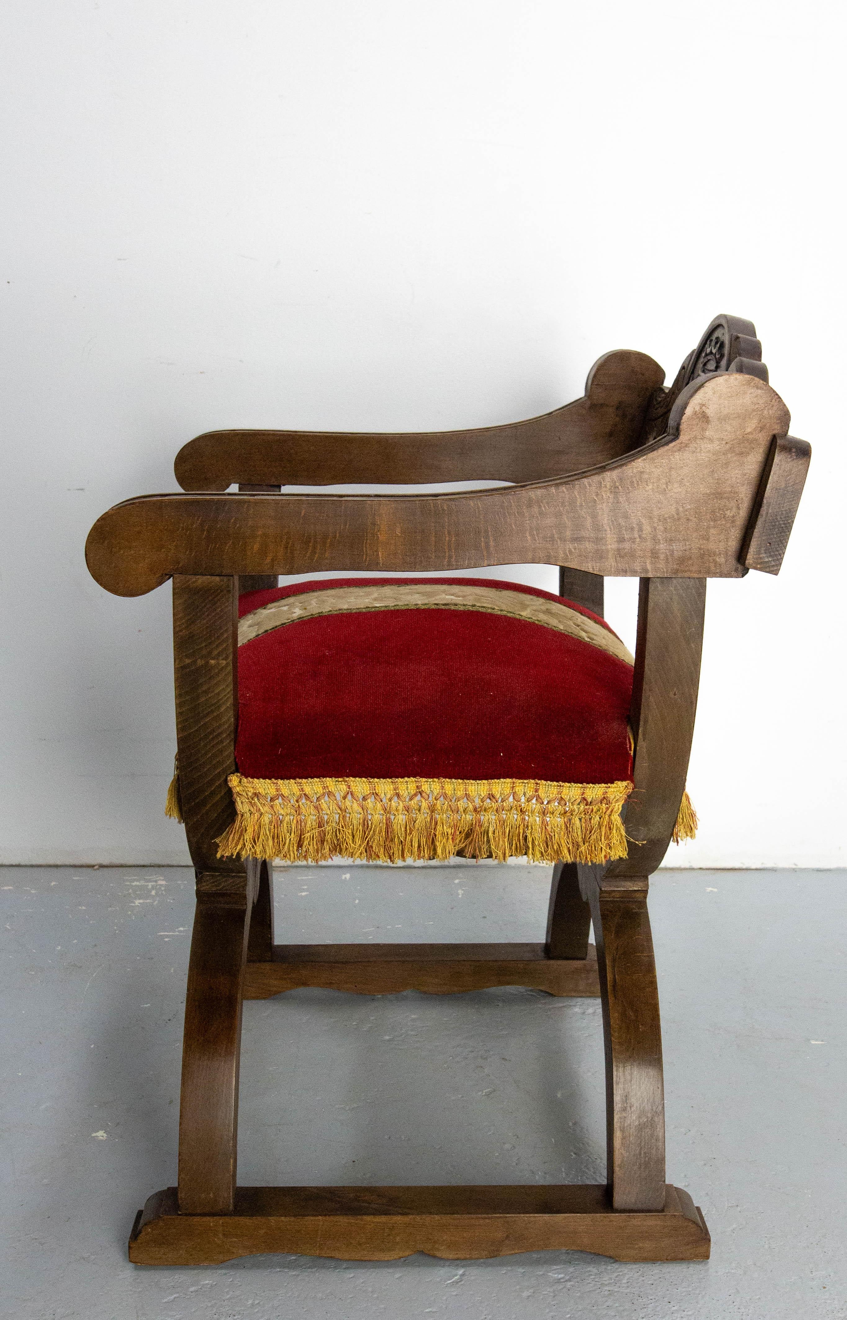 20th Century French Carved Beech & Upholstery Curule or Dagobert Armchair, circa 1960 For Sale