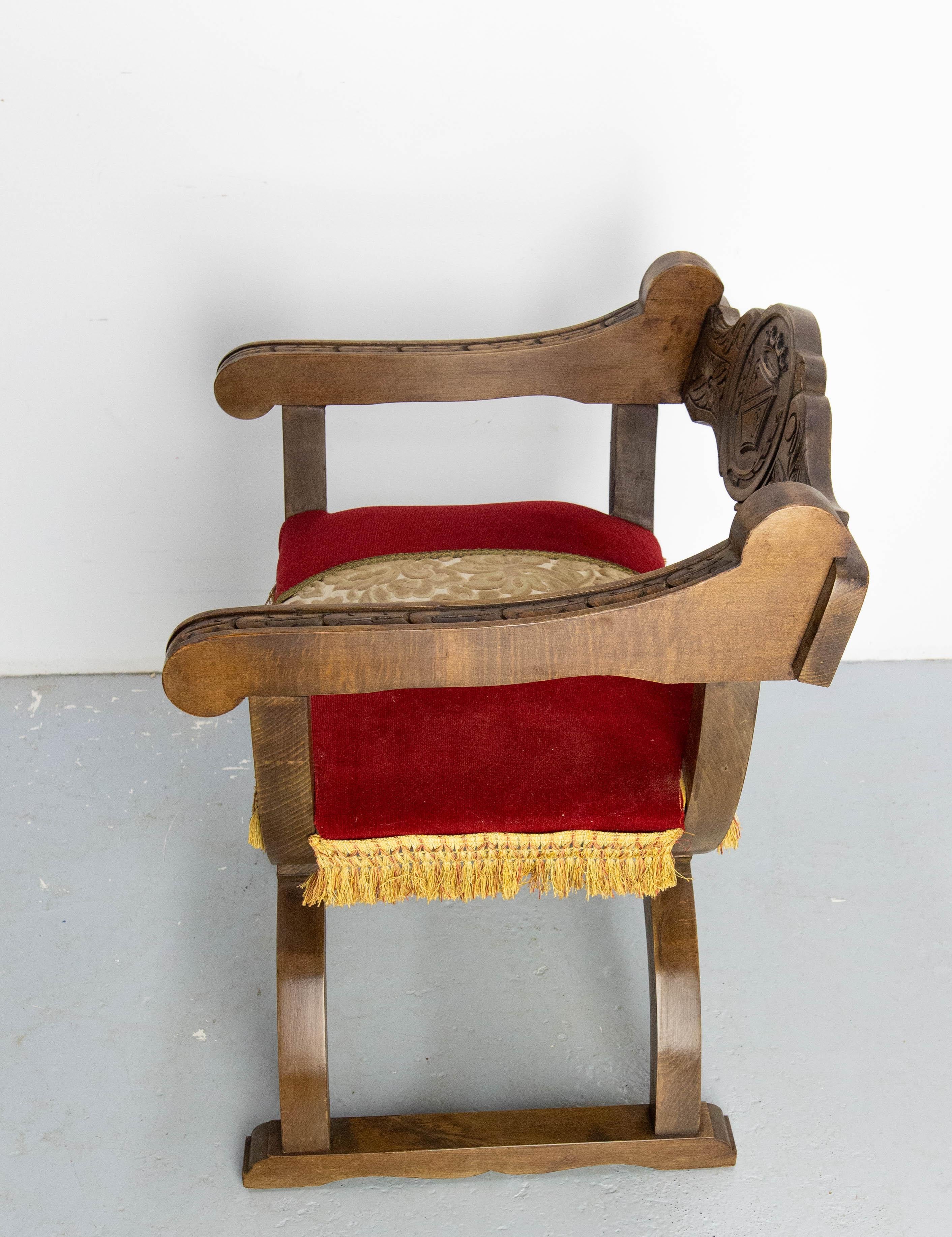 Pine French Carved Beech & Upholstery Curule or Dagobert Armchair, circa 1960 For Sale