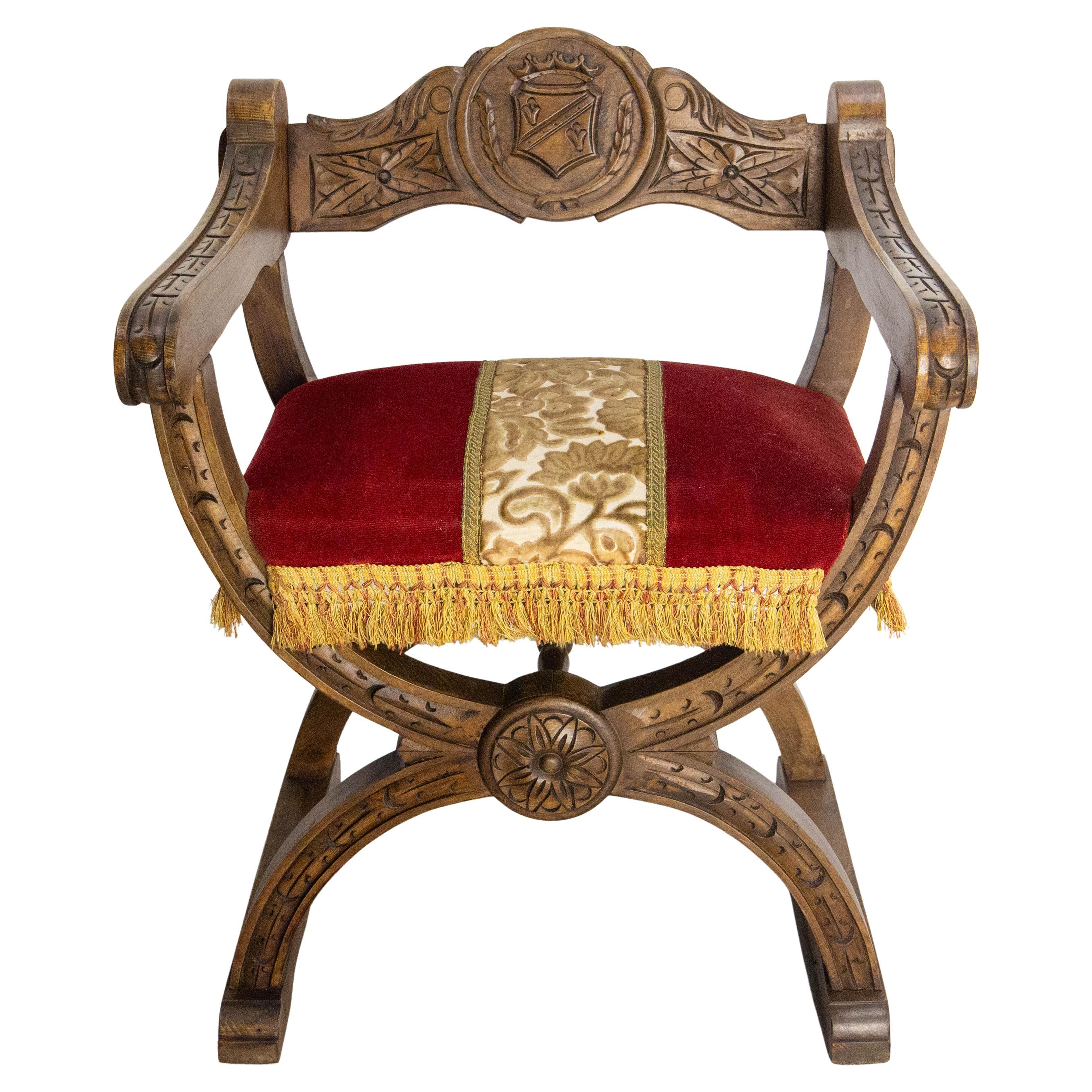 French Carved Beech & Upholstery Curule or Dagobert Armchair, circa 1960 For Sale