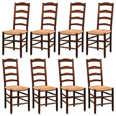 French Carved Beechwood Ladder Back Chairs with Rush Woven Seat, Set of Eight