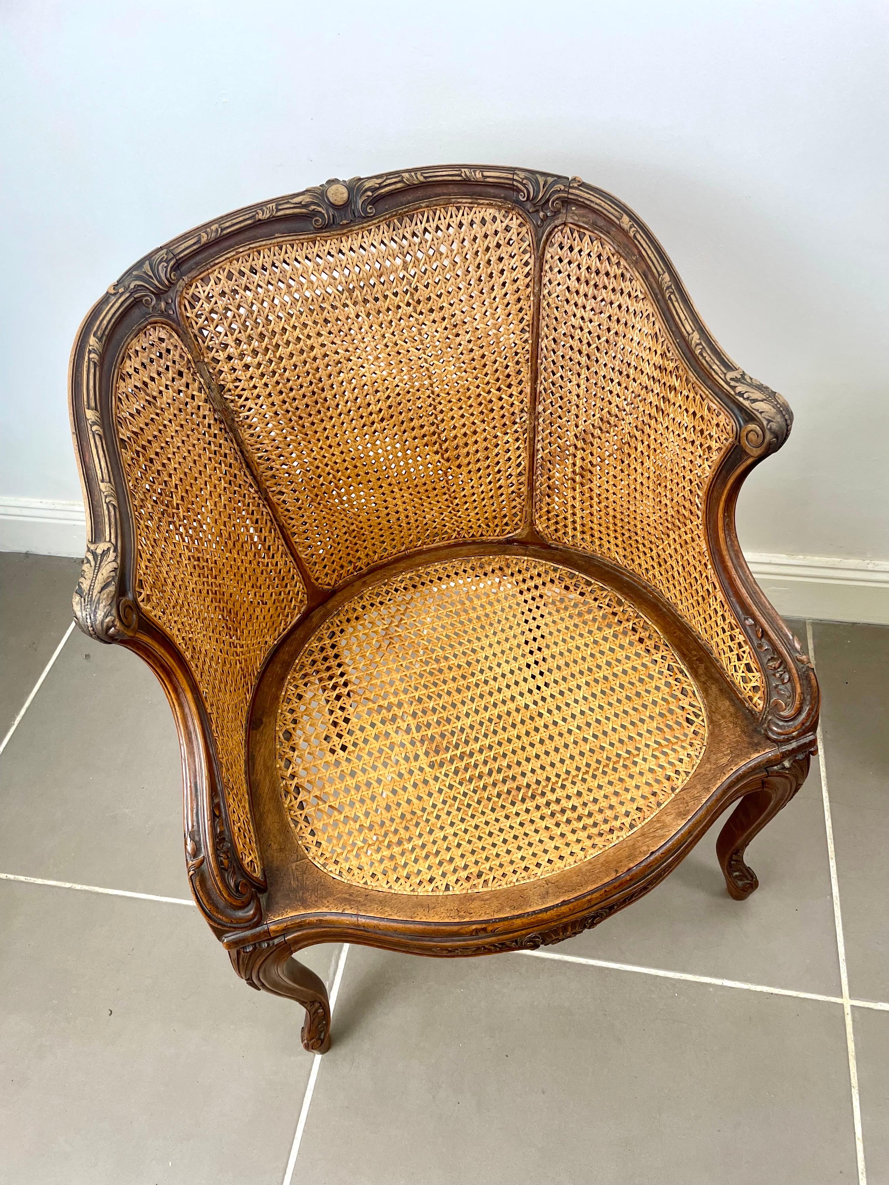 Wicker French carved Bergere office armchair caned - Louis XV style - XIXth France