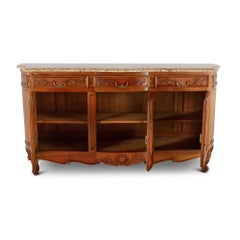 French Carved Cherry Marble Top Louis XV-Style Sideboard Buffet