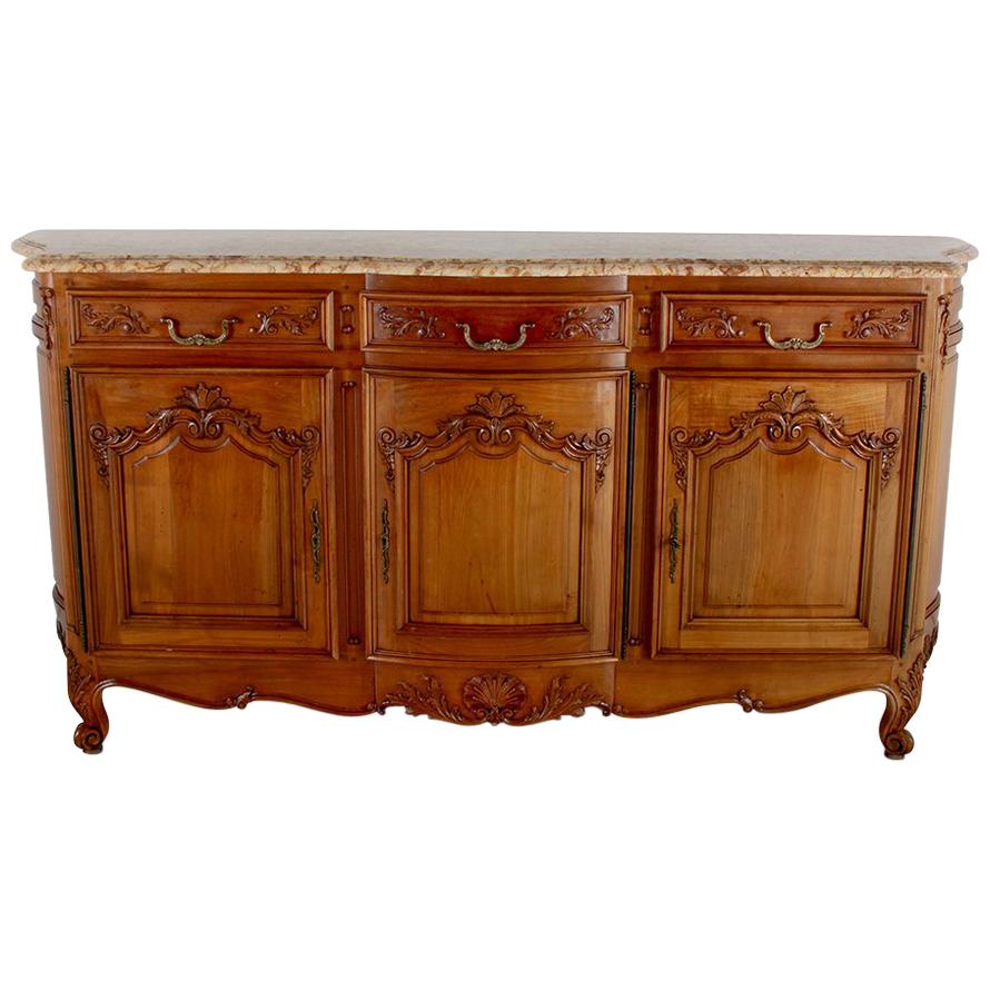 French Carved Cherry Marble Top Louis XV-Style Sideboard Buffet