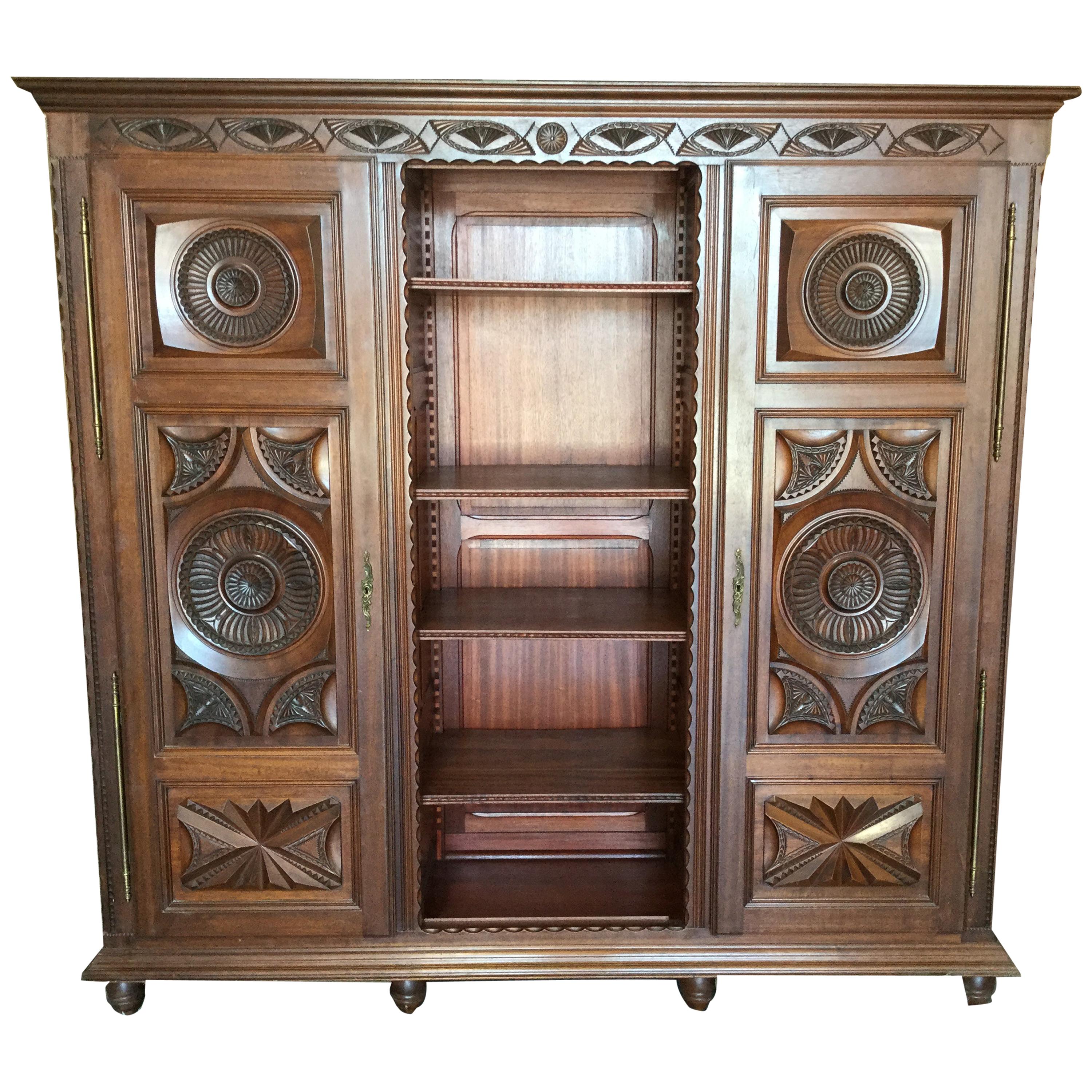 French Carved Chestnut Bookcase/Armoire