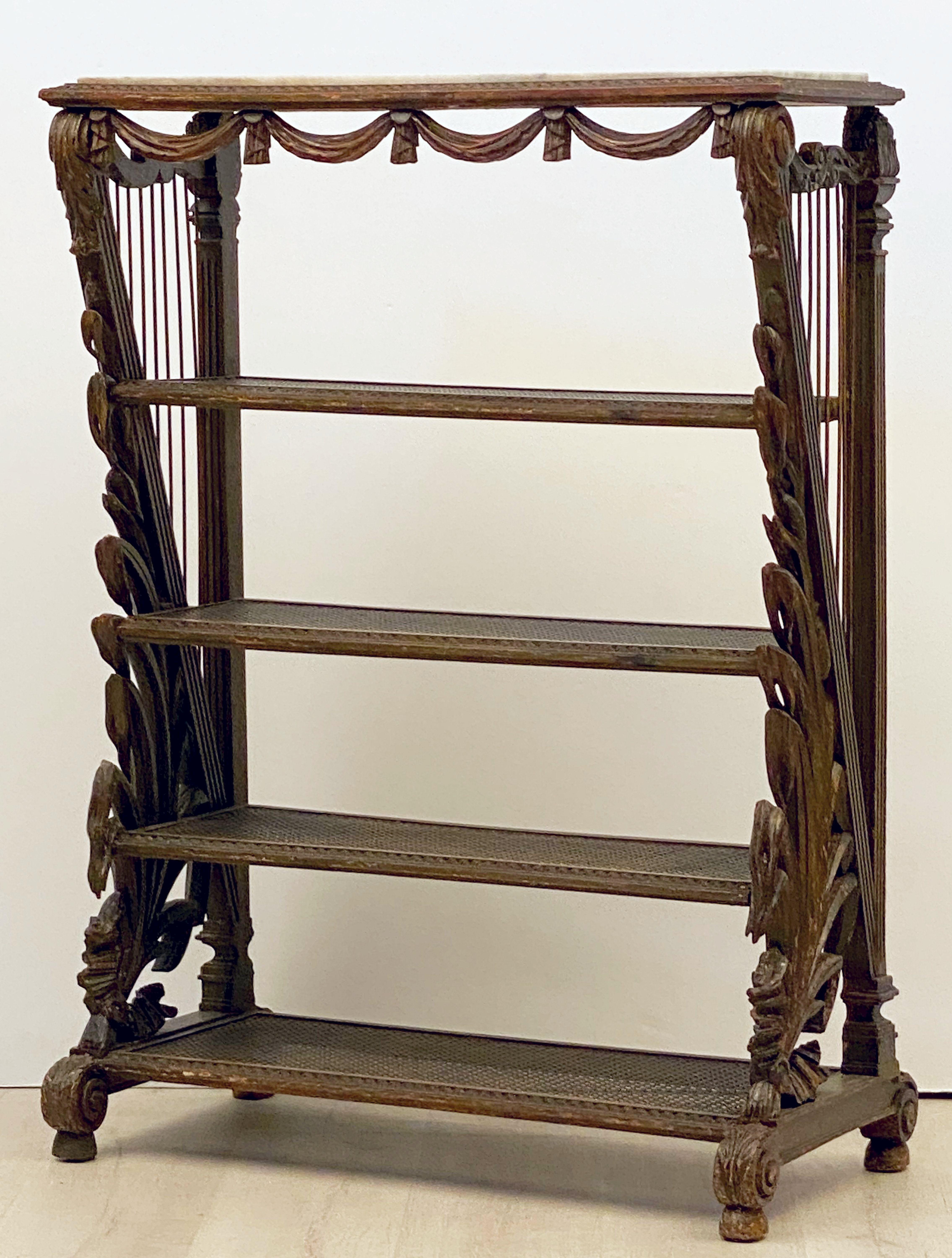 French Carved Étagère with Caned Shelves with Marble Top For Sale 6
