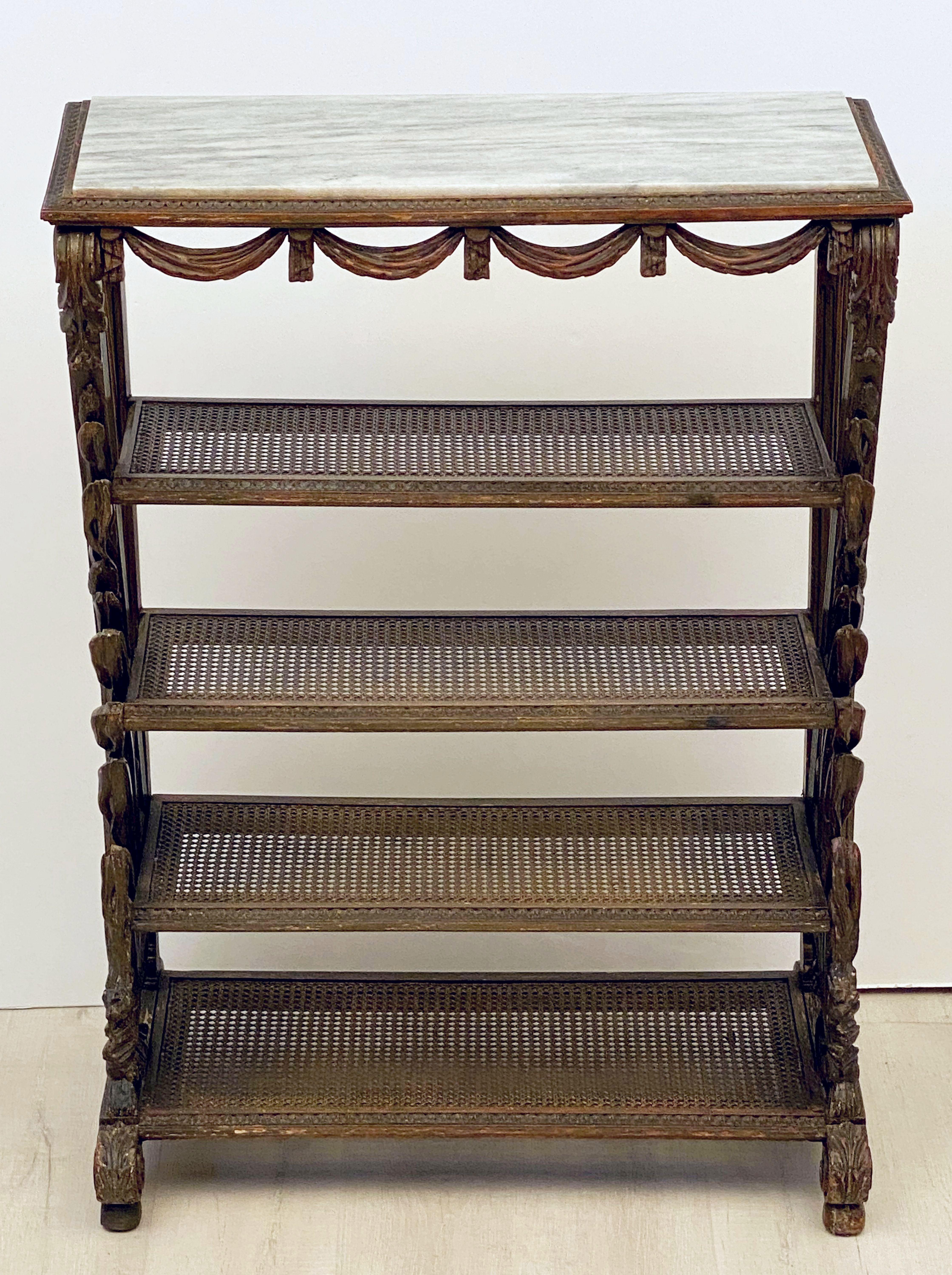 French Carved Étagère with Caned Shelves with Marble Top For Sale 1