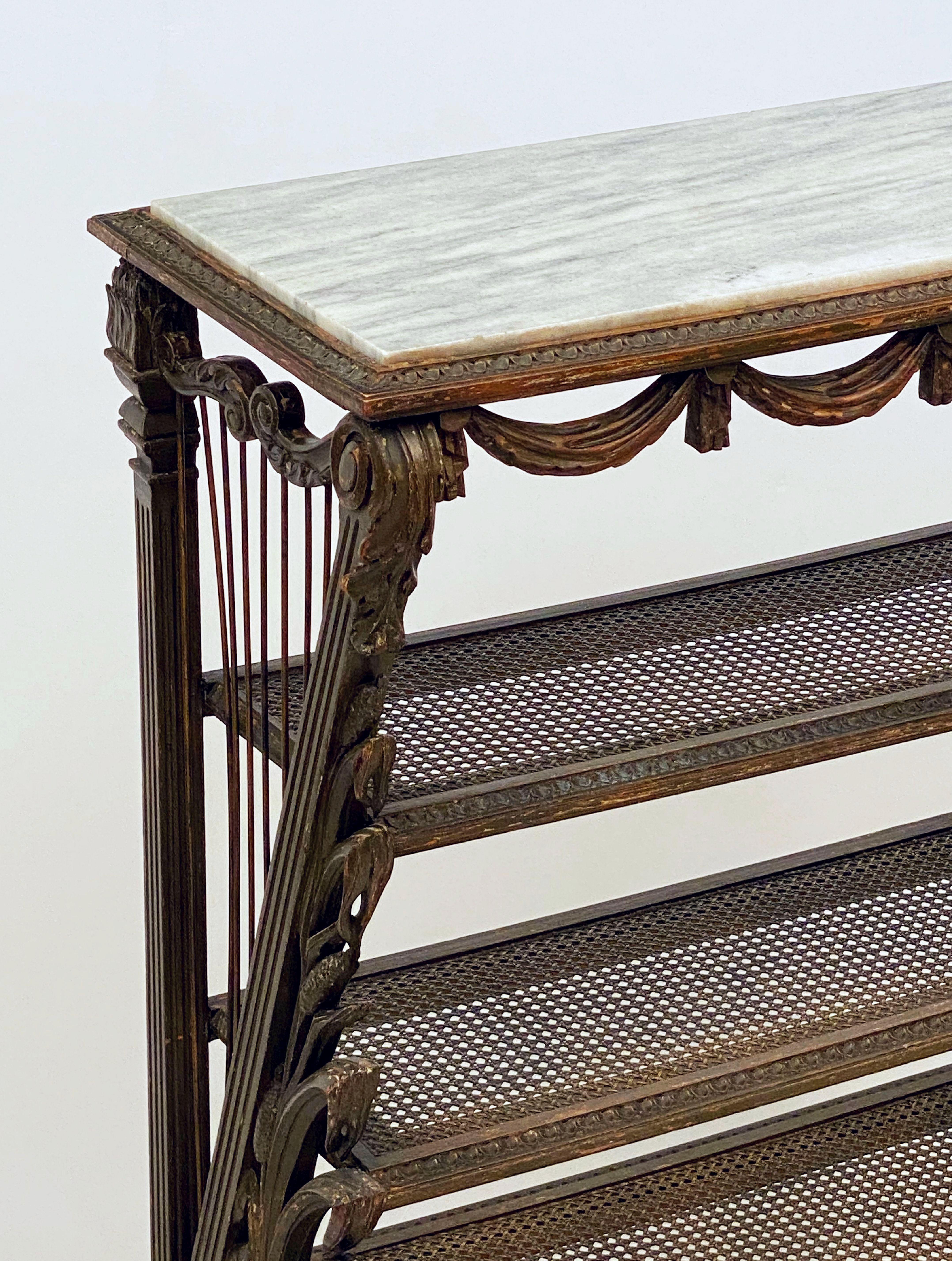 French Carved Étagère with Caned Shelves with Marble Top For Sale 2
