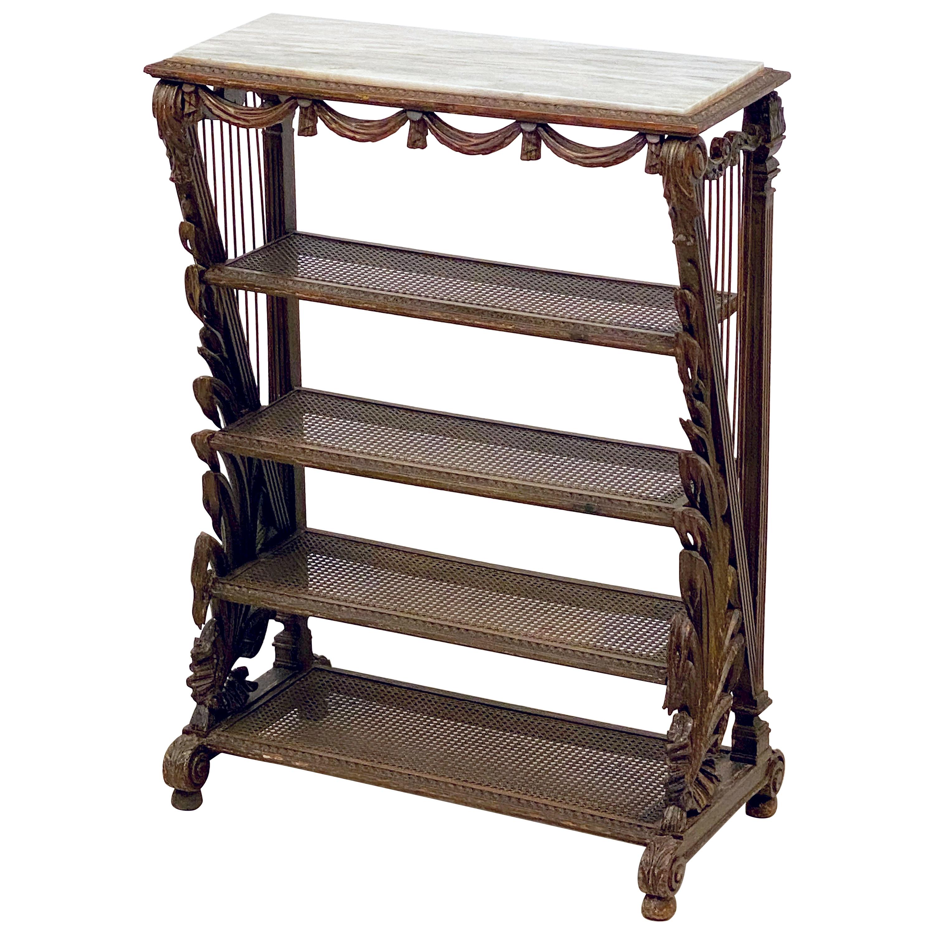 French Carved Étagère with Caned Shelves with Marble Top
