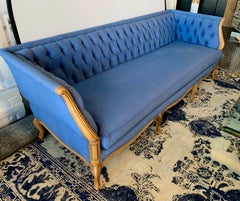 French Carved Fruitwood Pantone Blue Tufted Chesterfield Sofa