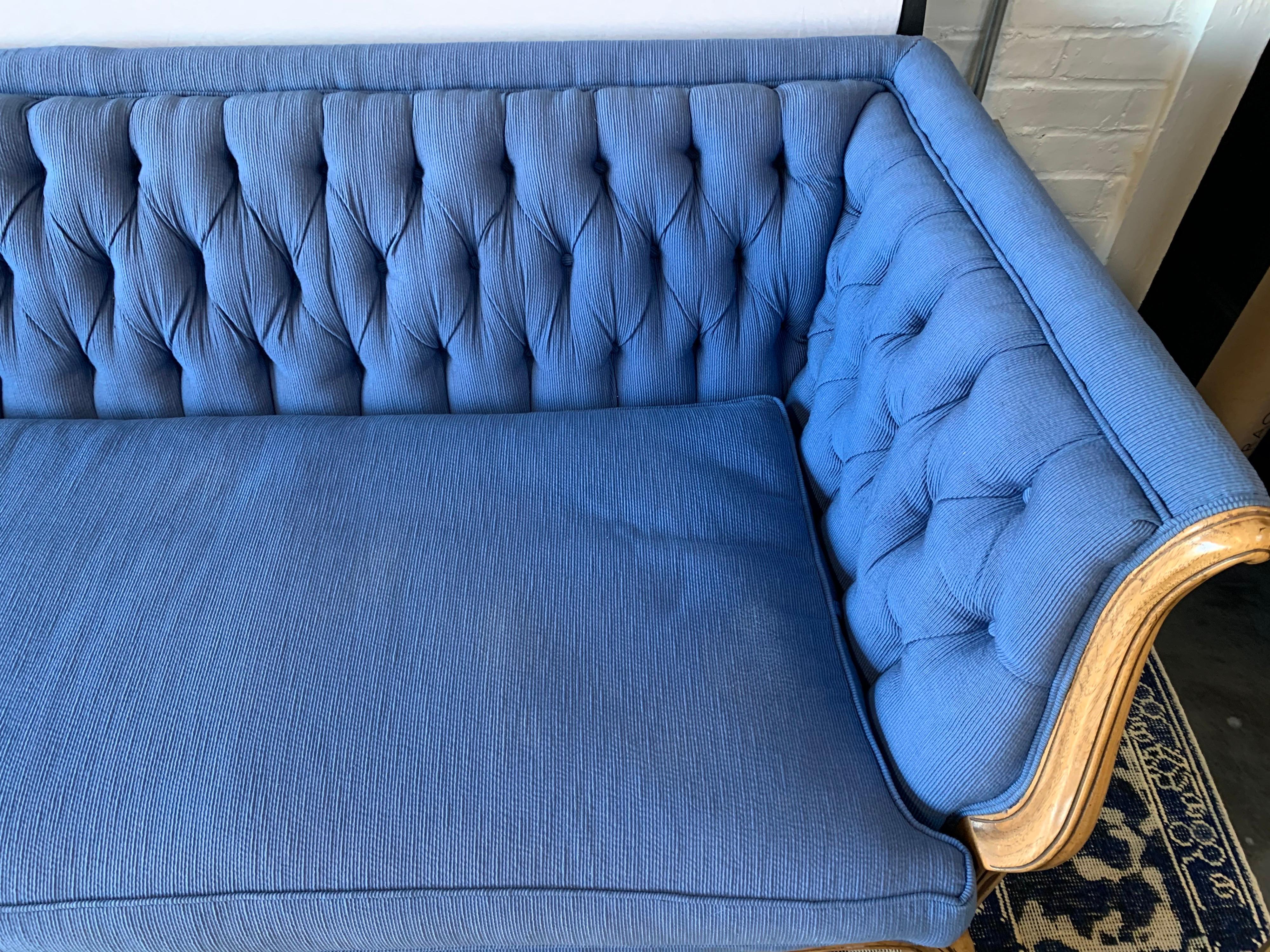 French Provincial French Carved Fruitwood Pantone Blue Tufted Chesterfield Sofa