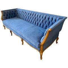 French Carved Fruitwood Pantone Blue Tufted Chesterfield Sofa