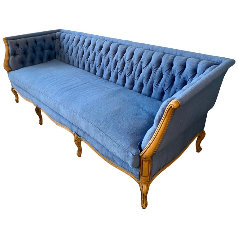 French Carved Fruitwood Pantone Blue, French Style Chesterfield Sofa