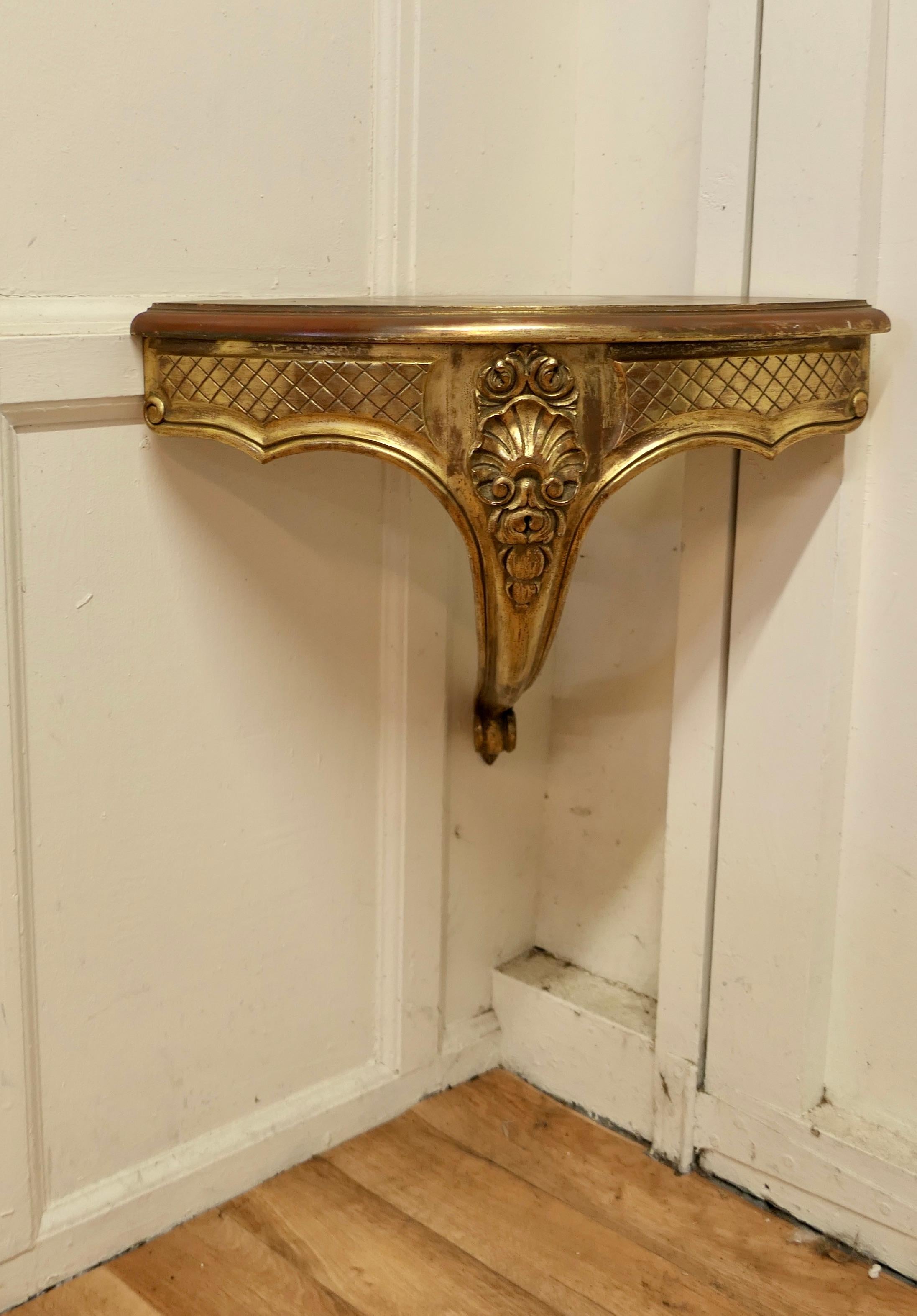 Giltwood French Carved Gilt Corner Console Wall Shelf For Sale