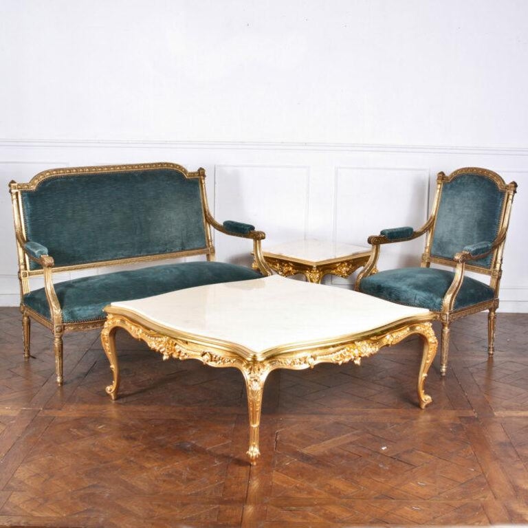 French Carved + Gilt Marble Side Tables 6