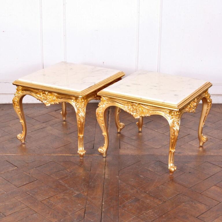 French Carved + Gilt Marble Side Tables In Good Condition In Vancouver, British Columbia