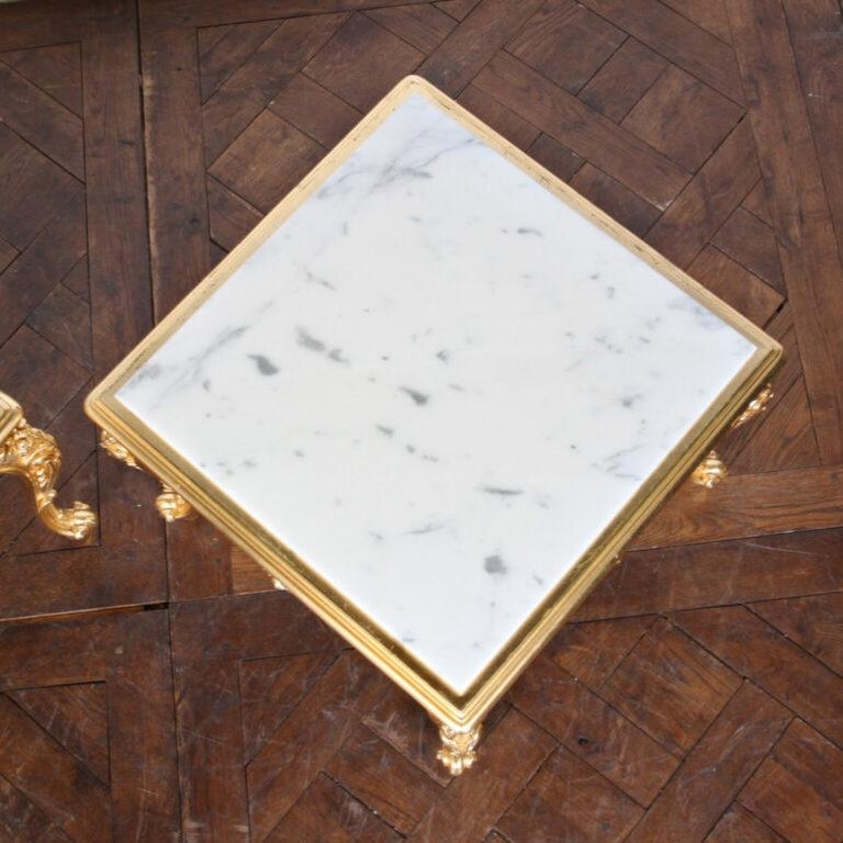 Mid-20th Century French Carved + Gilt Marble Side Tables