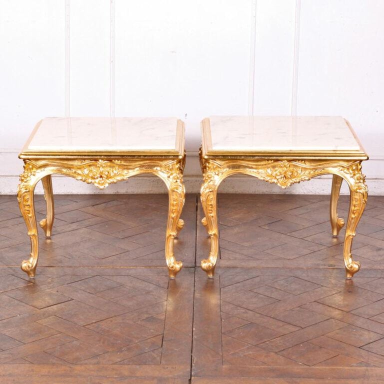 French Carved + Gilt Marble Side Tables 2