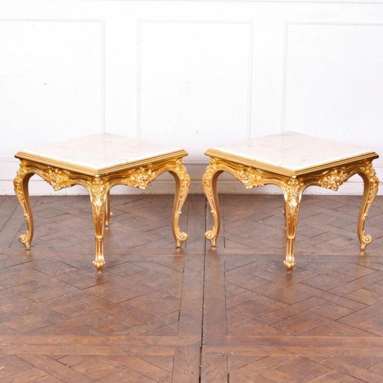 French Carved + Gilt Marble Side Tables 3