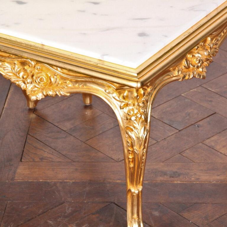 French Carved + Gilt Marble Side Tables 4