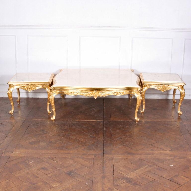 French Carved + Gilt Marble Side Tables 5