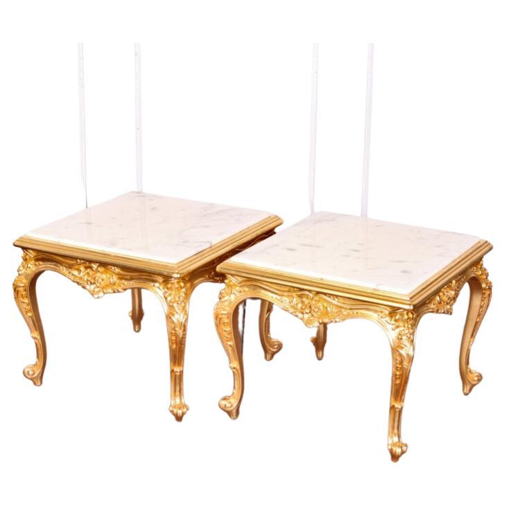 French Carved + Gilt Marble Side Tables