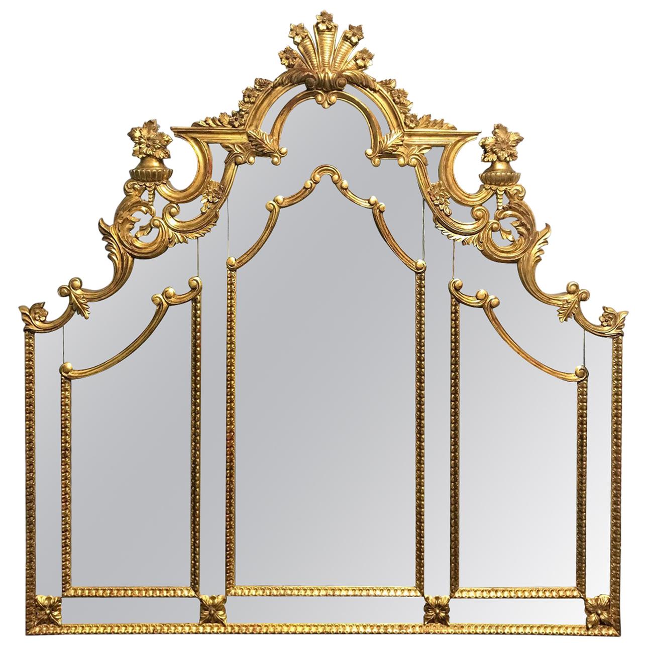 French Carved Giltwood and Mirrored Headboard