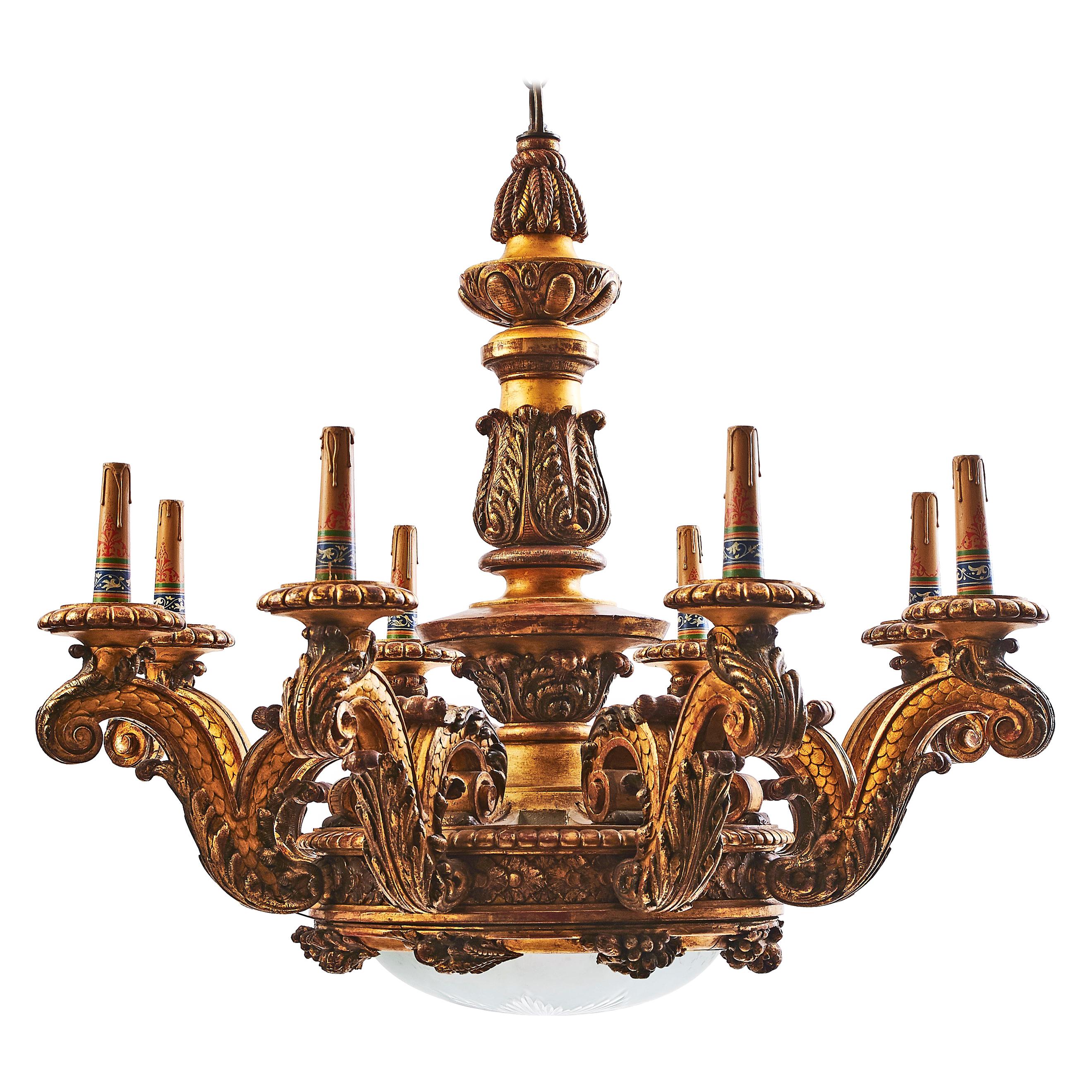 French Carved Giltwood Baroque Style Eight-Arm Chandelier, circa 1900