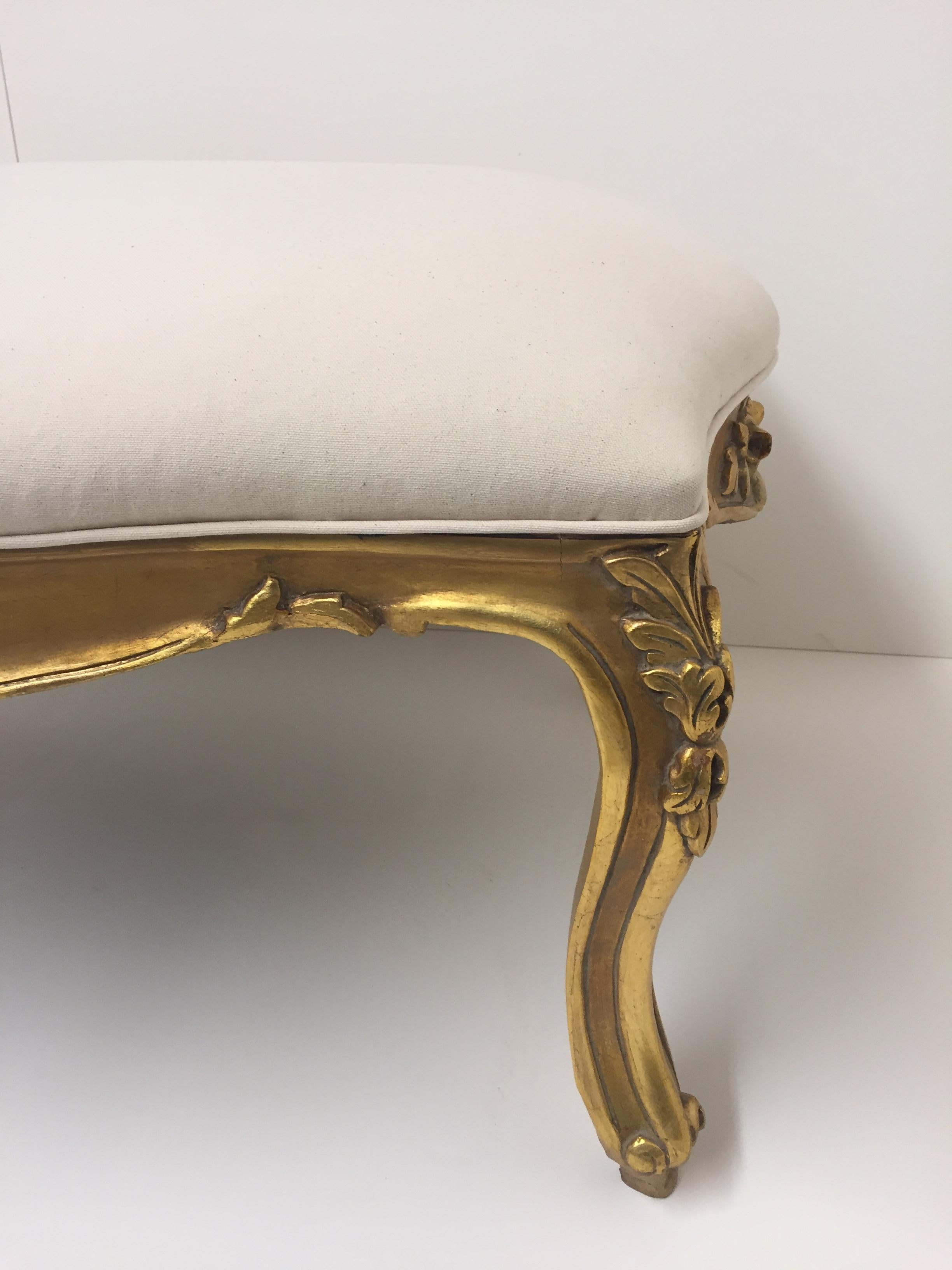 Late 20th Century French Carved Giltwood Bench with New Cotton Duck Upholstery For Sale