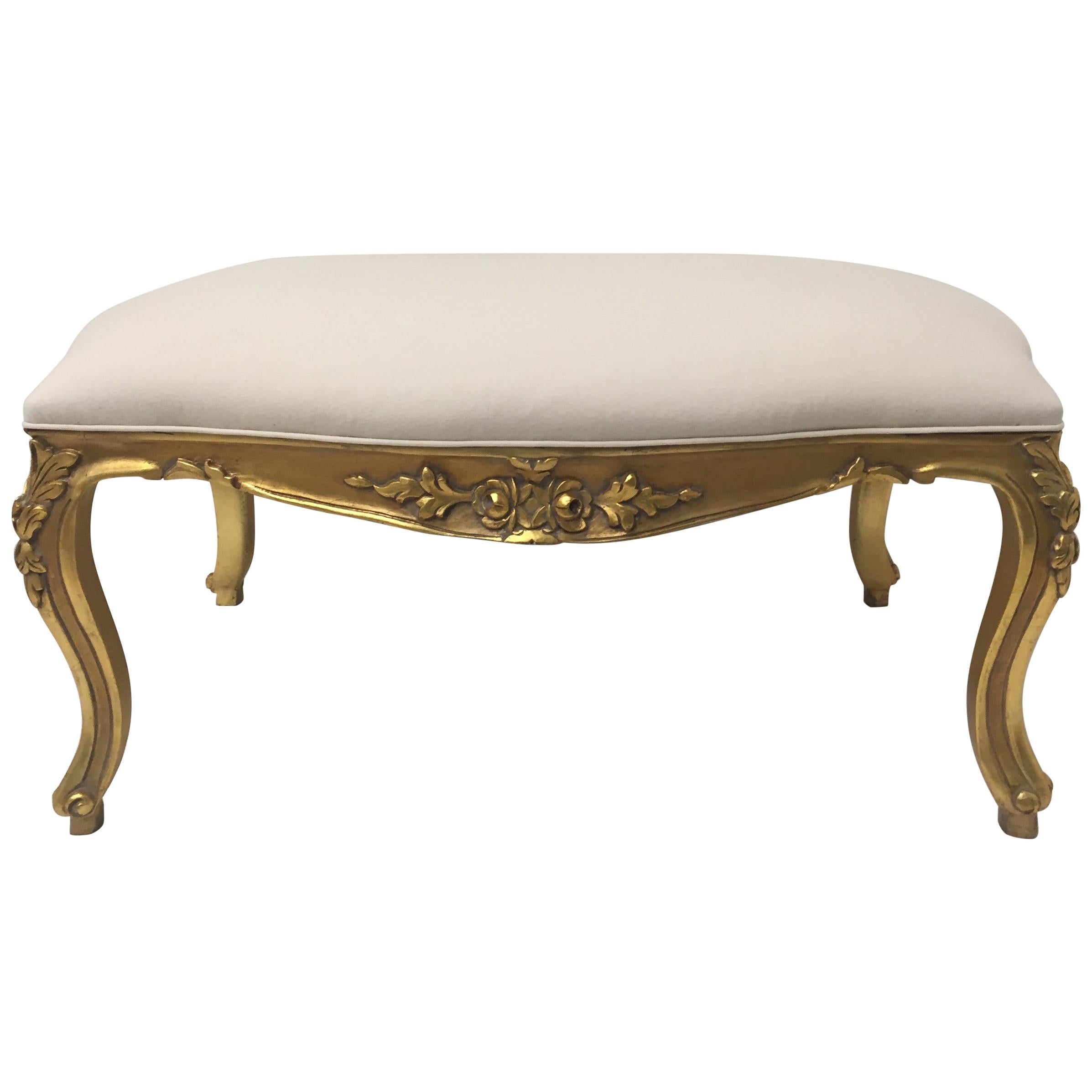 French Carved Giltwood Bench with New Cotton Duck Upholstery