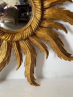 French Hand-Carved Gilt-wood Sunburst Mirror, Hollywood Regency, 1940s