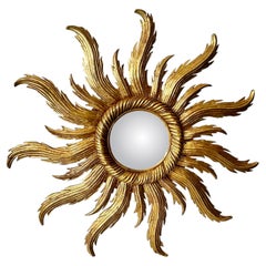 French Hand-Carved Gilt-wood Sunburst Mirror, Hollywood Regency, 1940s