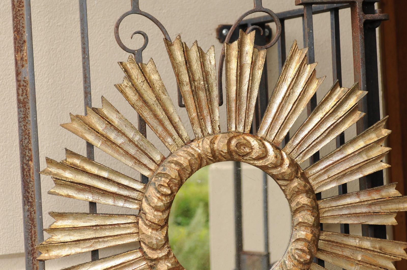 French Carved Giltwood Sunburst Mirror with Cloudy Frame, circa 1950 In Good Condition In Atlanta, GA