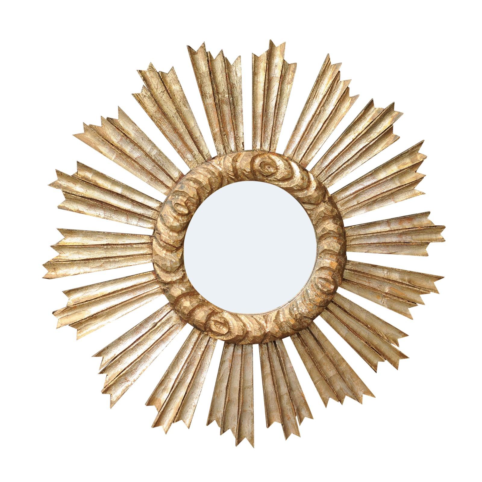 French Carved Giltwood Sunburst Mirror with Cloudy Frame, circa 1950