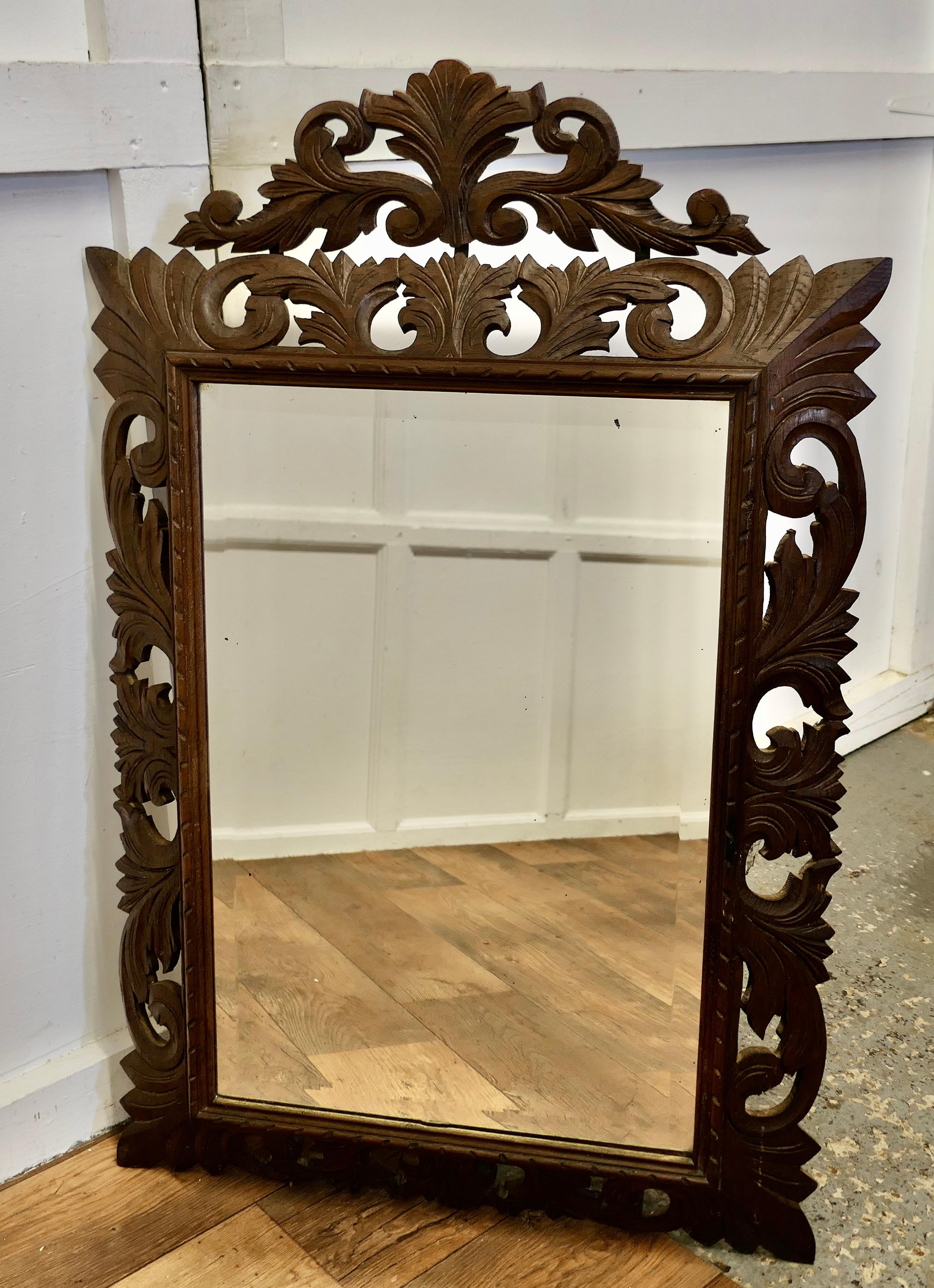 French Carved Gothic Oak Wall Mirror  The Oak Mirror Frame is Crisply Carved  In Good Condition For Sale In Chillerton, Isle of Wight