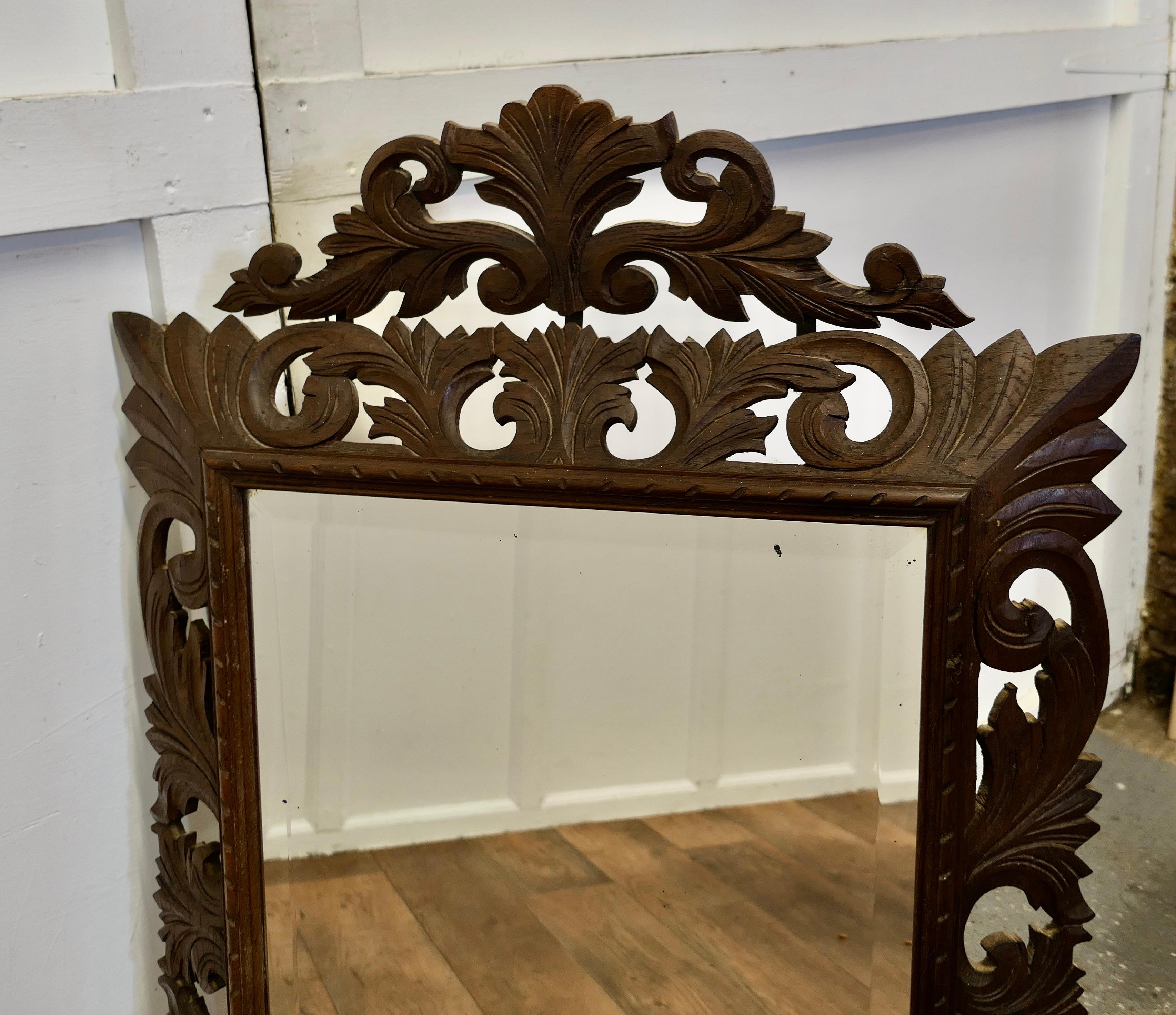 19th Century French Carved Gothic Oak Wall Mirror  The Oak Mirror Frame is Crisply Carved  For Sale