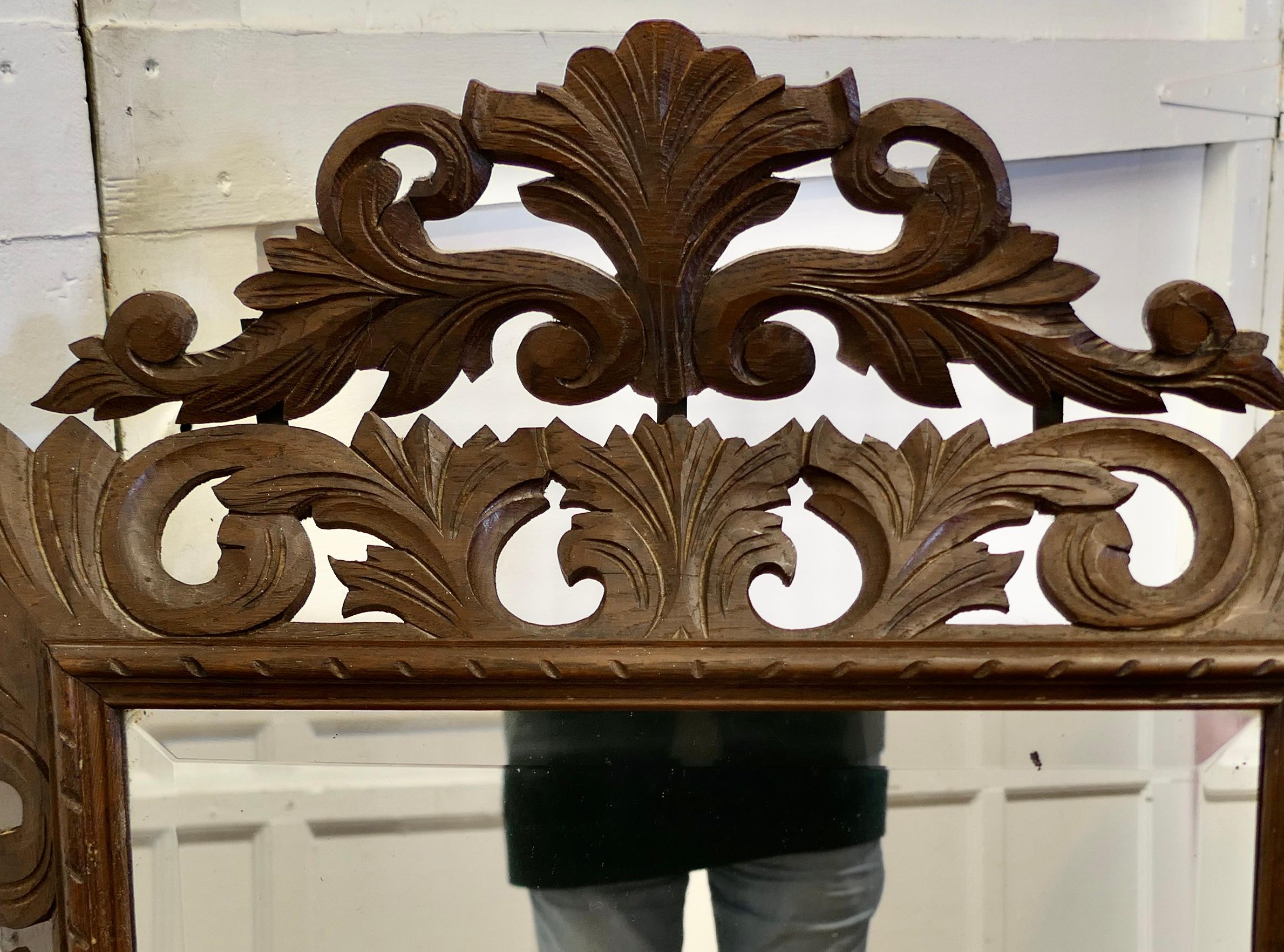 French Carved Gothic Oak Wall Mirror  The Oak Mirror Frame is Crisply Carved  For Sale 1