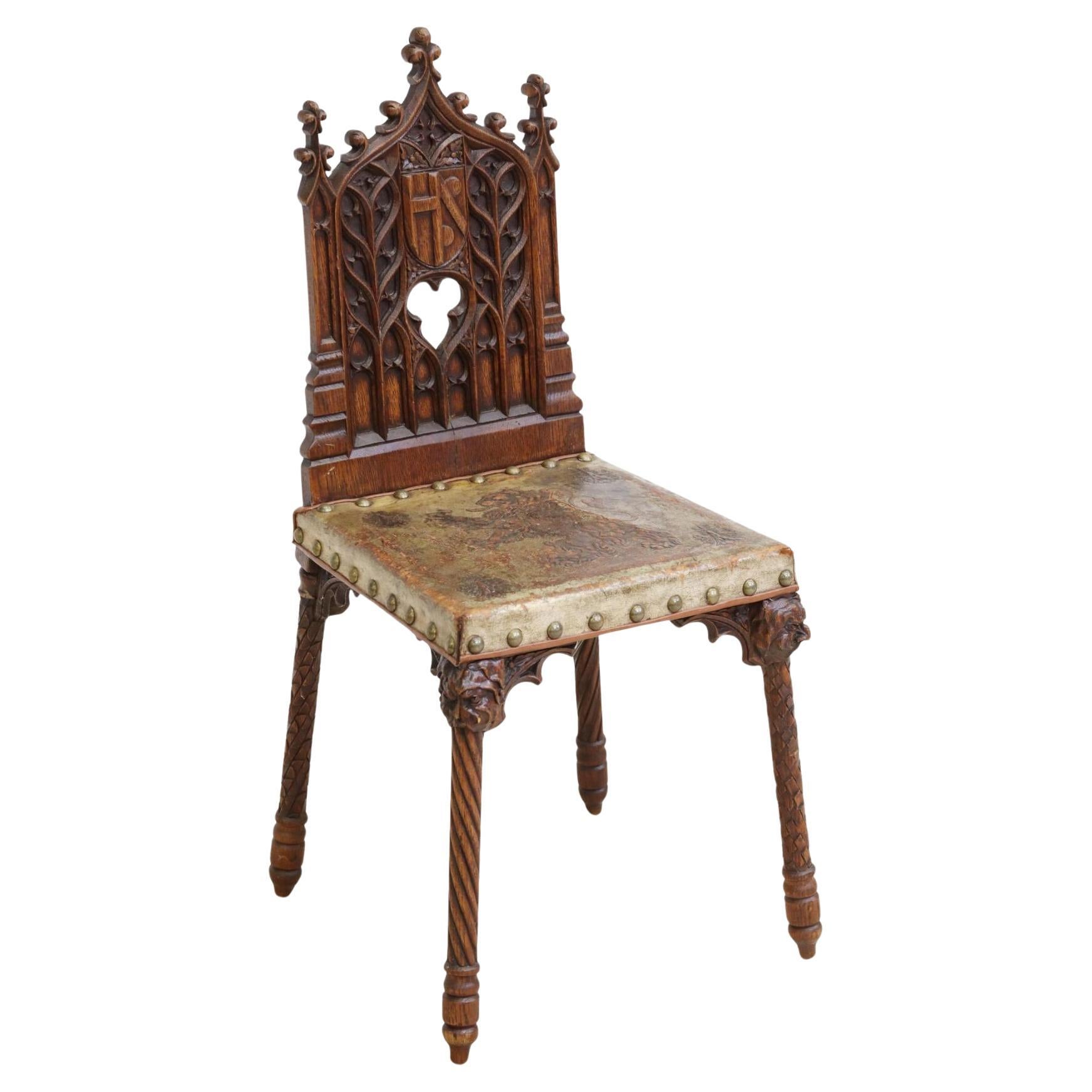 French Carved Gothic Revival Oak & Leather Chair Ca 19th Century