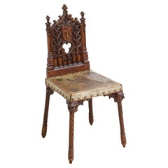 French Carved Gothic Revival Oak & Leather Chair Ca 19th Century