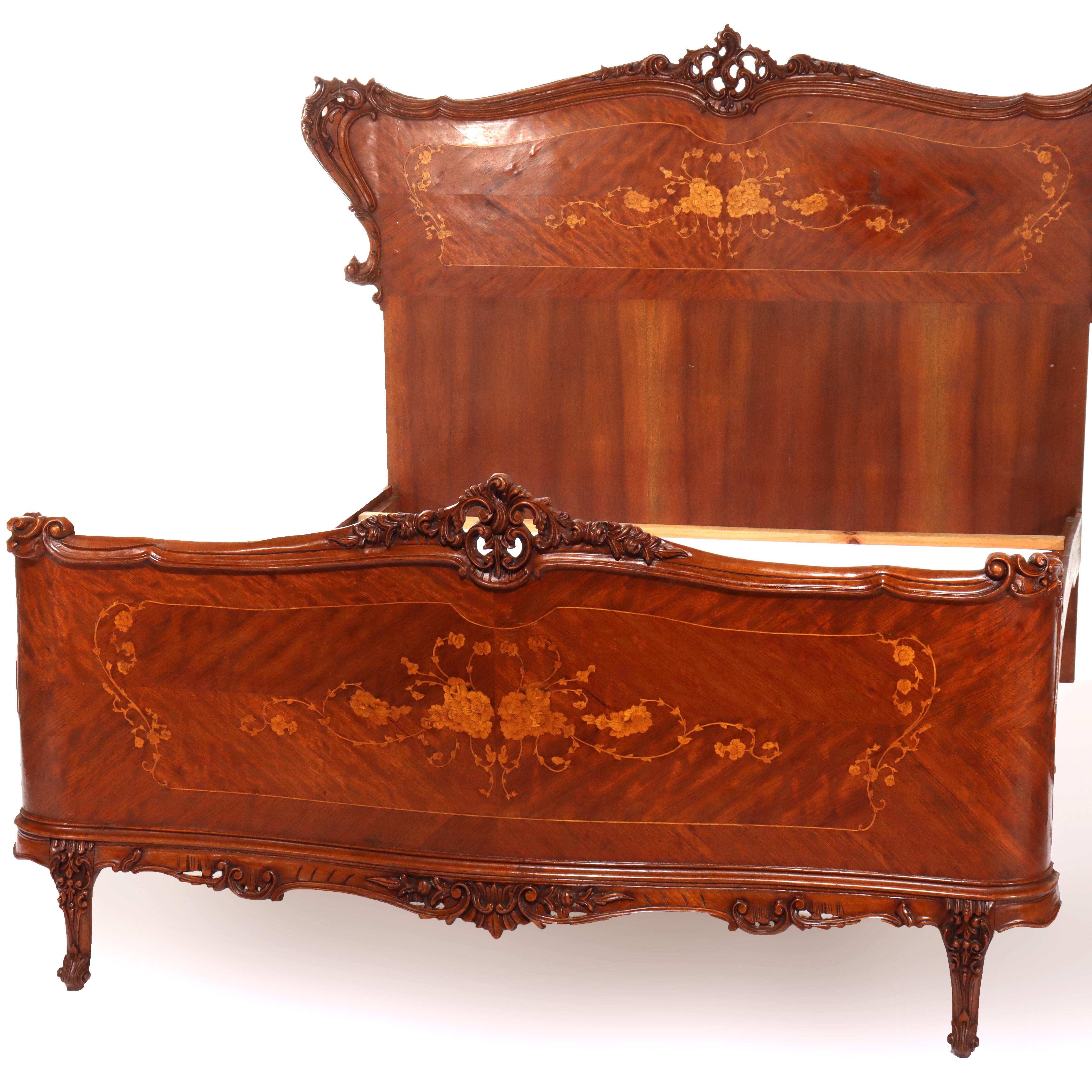 French Carved & Inlaid Kingwood & Satinwood Marquetry King Sized Bed 20thC In Good Condition For Sale In Big Flats, NY
