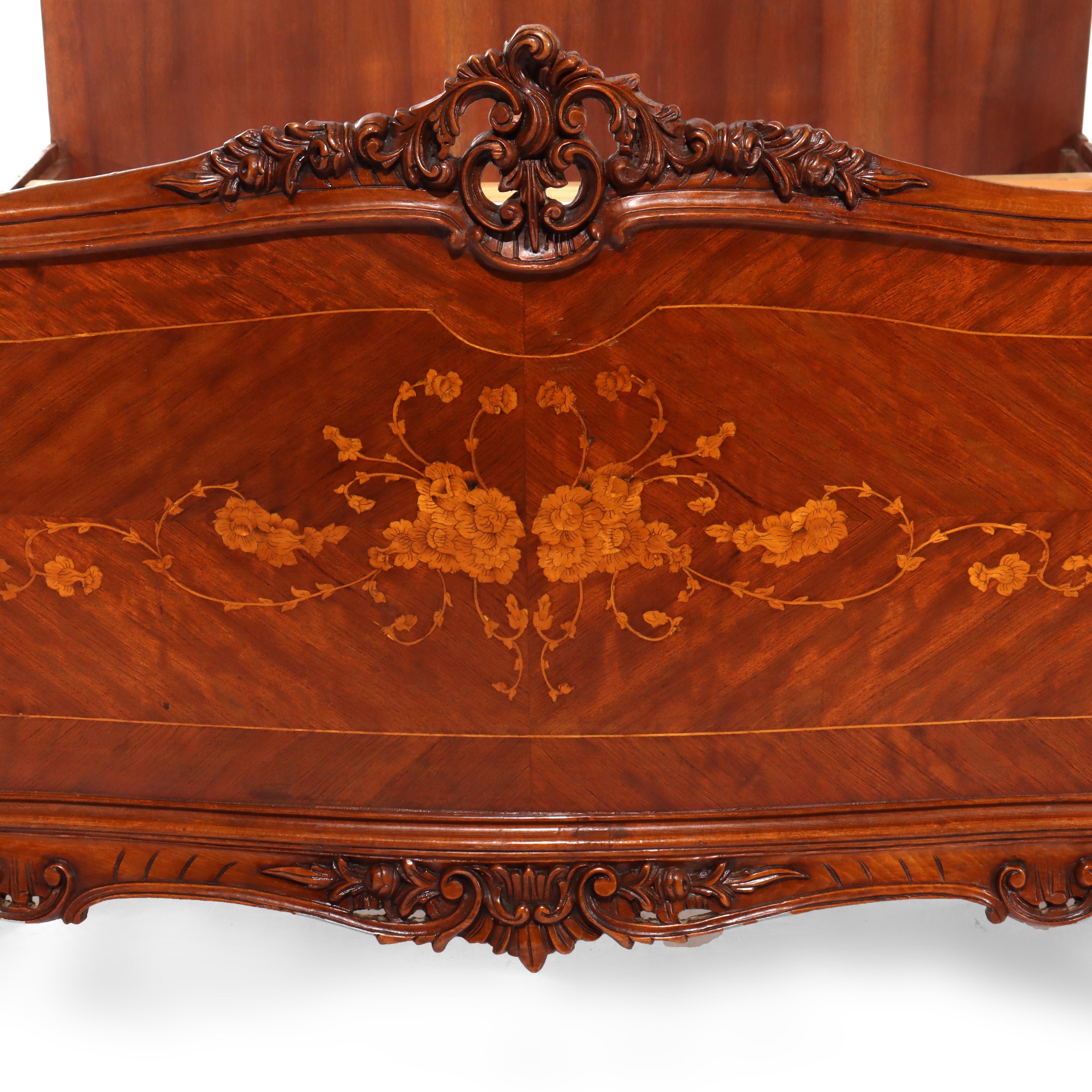 Mahogany French Carved & Inlaid Kingwood & Satinwood Marquetry King Sized Bed 20thC For Sale